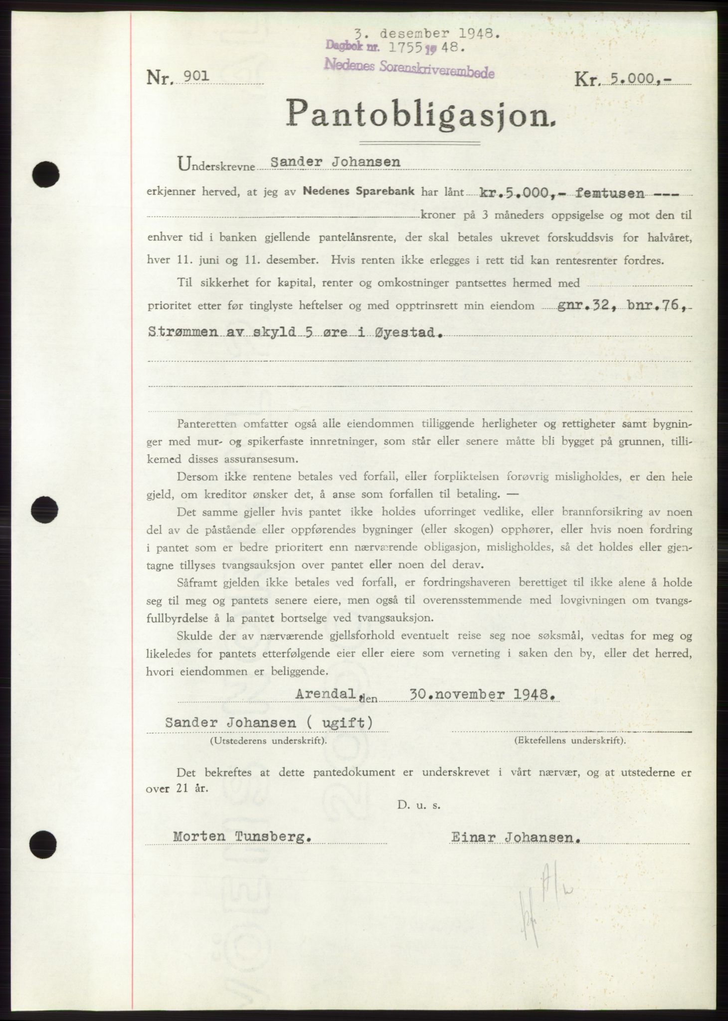 Nedenes sorenskriveri, AV/SAK-1221-0006/G/Gb/Gbb/L0005: Pantebok nr. B5, 1948-1948, Dagboknr: 1755/1948