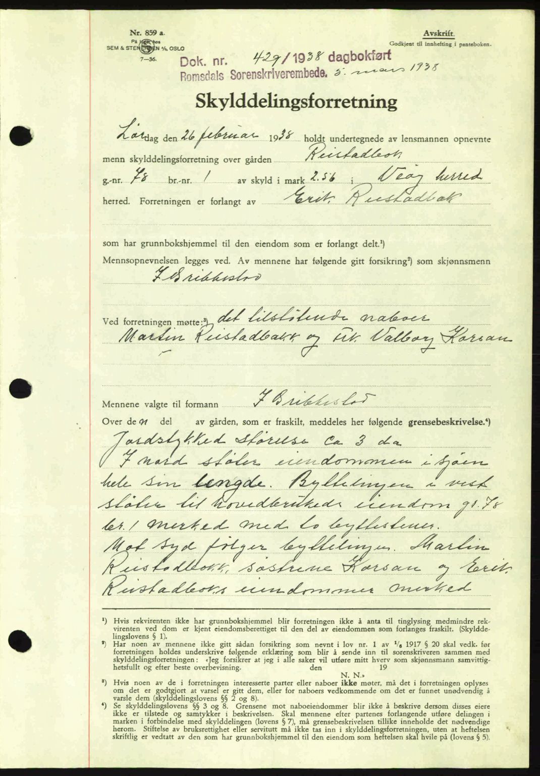 Romsdal sorenskriveri, SAT/A-4149/1/2/2C: Pantebok nr. A4, 1937-1938, Dagboknr: 429/1938