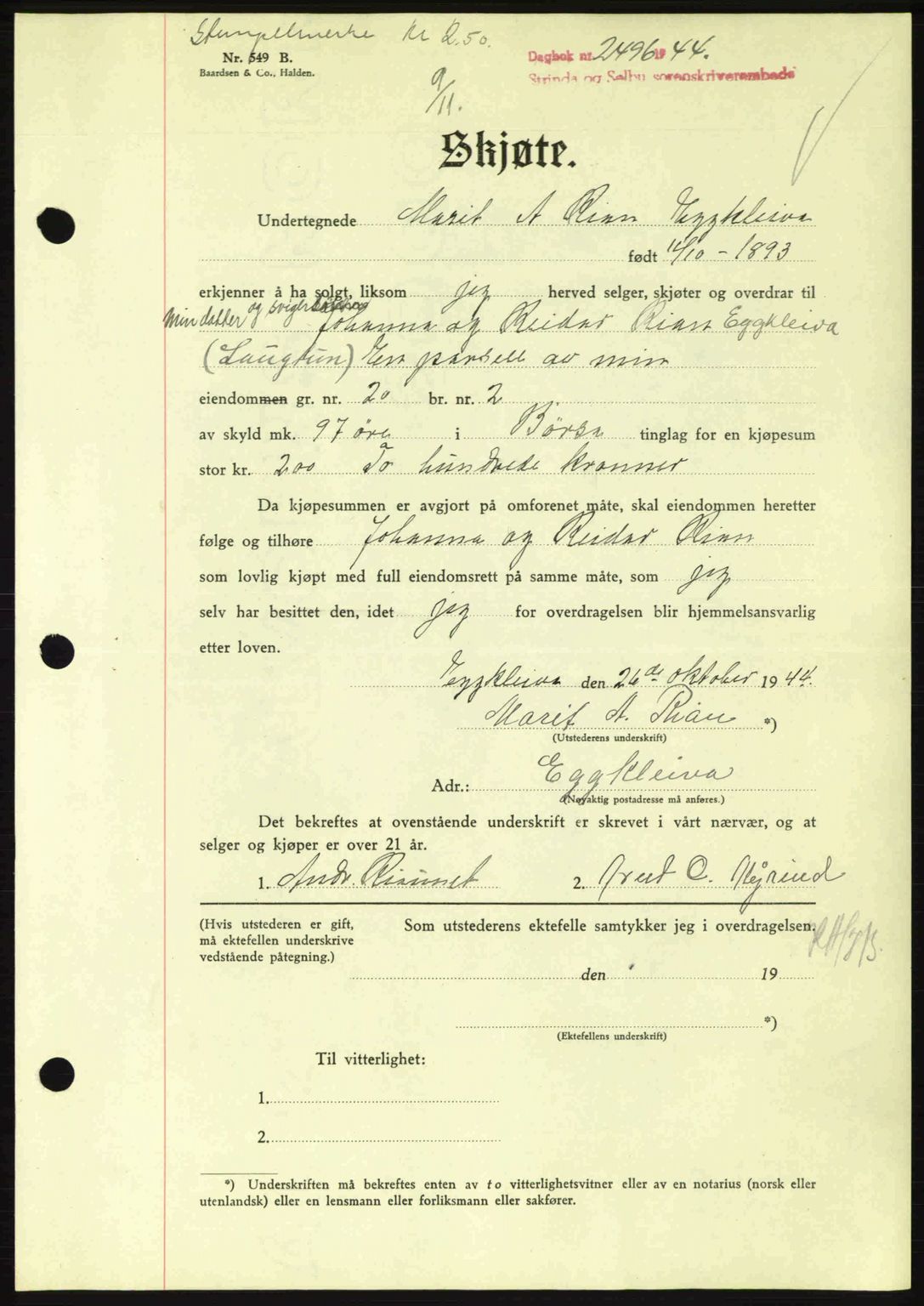 Strinda og Selbu sorenskriveri, SAT/A-0015/2/2C: Pantebok nr. A9, 1944-1945, Dagboknr: 2496/1944