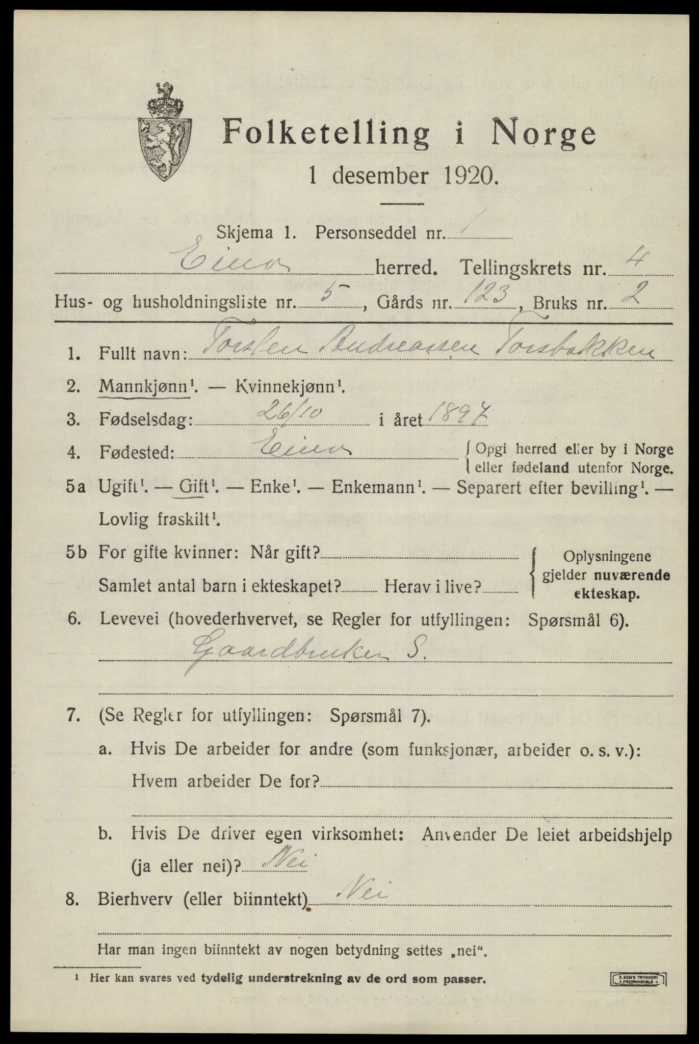 SAH, Folketelling 1920 for 0530 Eina herred, 1920, s. 2936