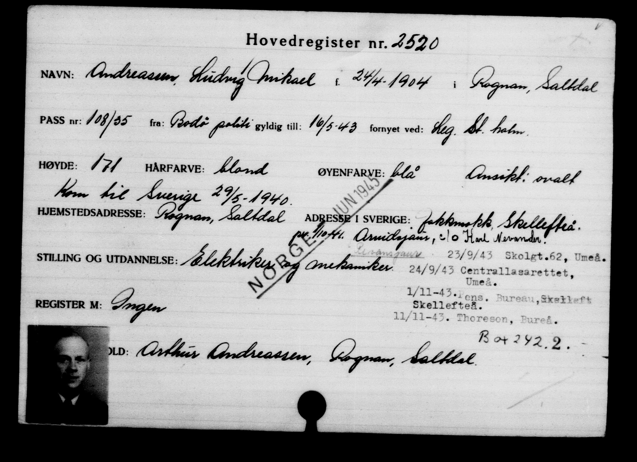 Utenriksstasjonene, Legasjonen i Stockholm, Flyktningkontoret, AV/RA-S-6753/V/Va/L0003: Kjesäterkartoteket, flyktninger med registreringsnr. 2001-3495, 1940-1945, s. 864