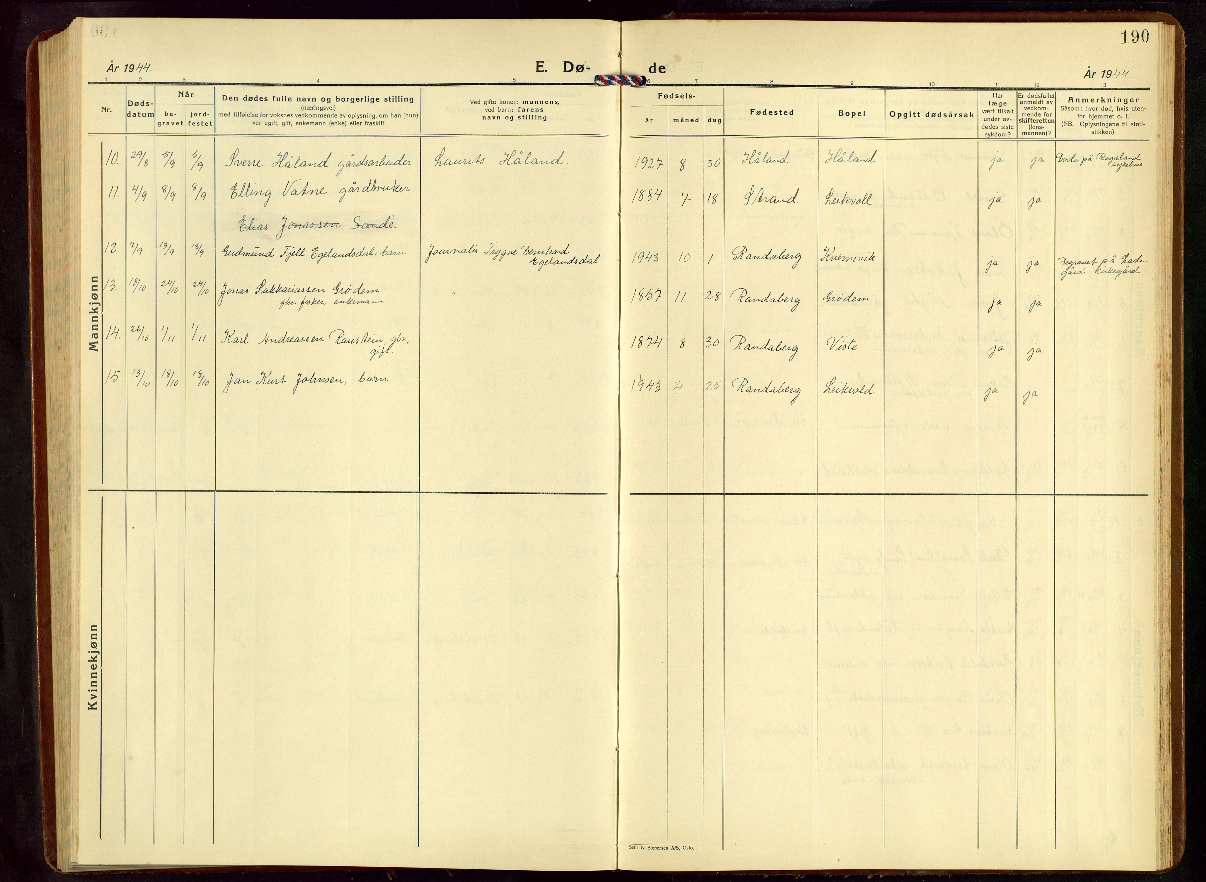 Hetland sokneprestkontor, AV/SAST-A-101826/30/30BB/L0015: Klokkerbok nr. B 15, 1940-1955, s. 190