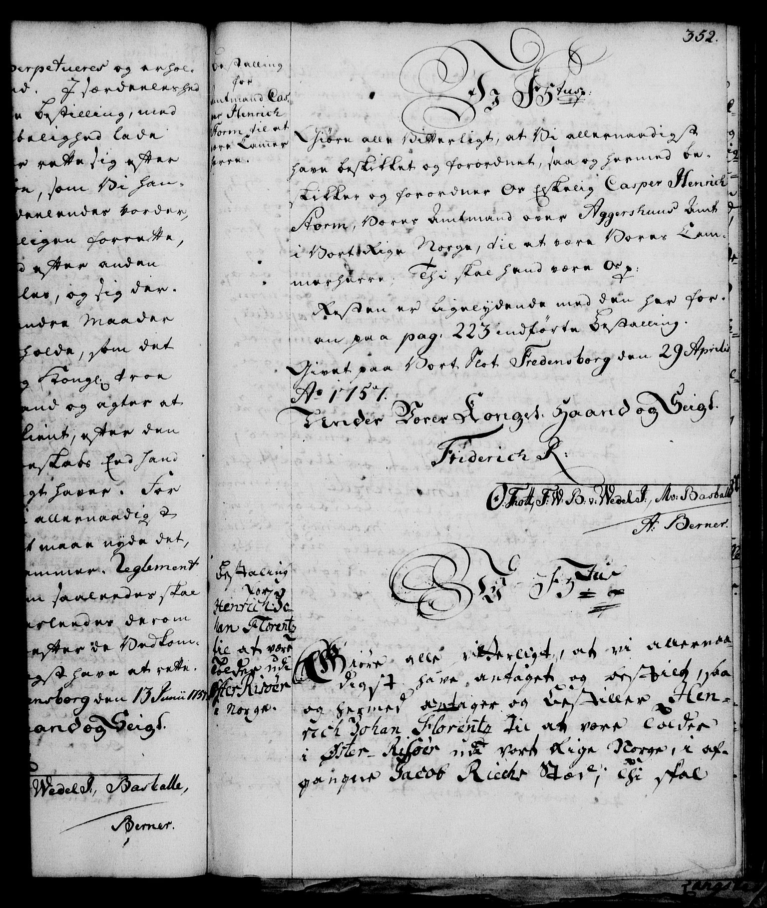 Rentekammeret, Kammerkanselliet, RA/EA-3111/G/Gg/Gge/L0003: Norsk bestallingsprotokoll med register (merket RK 53.27), 1745-1761, s. 352