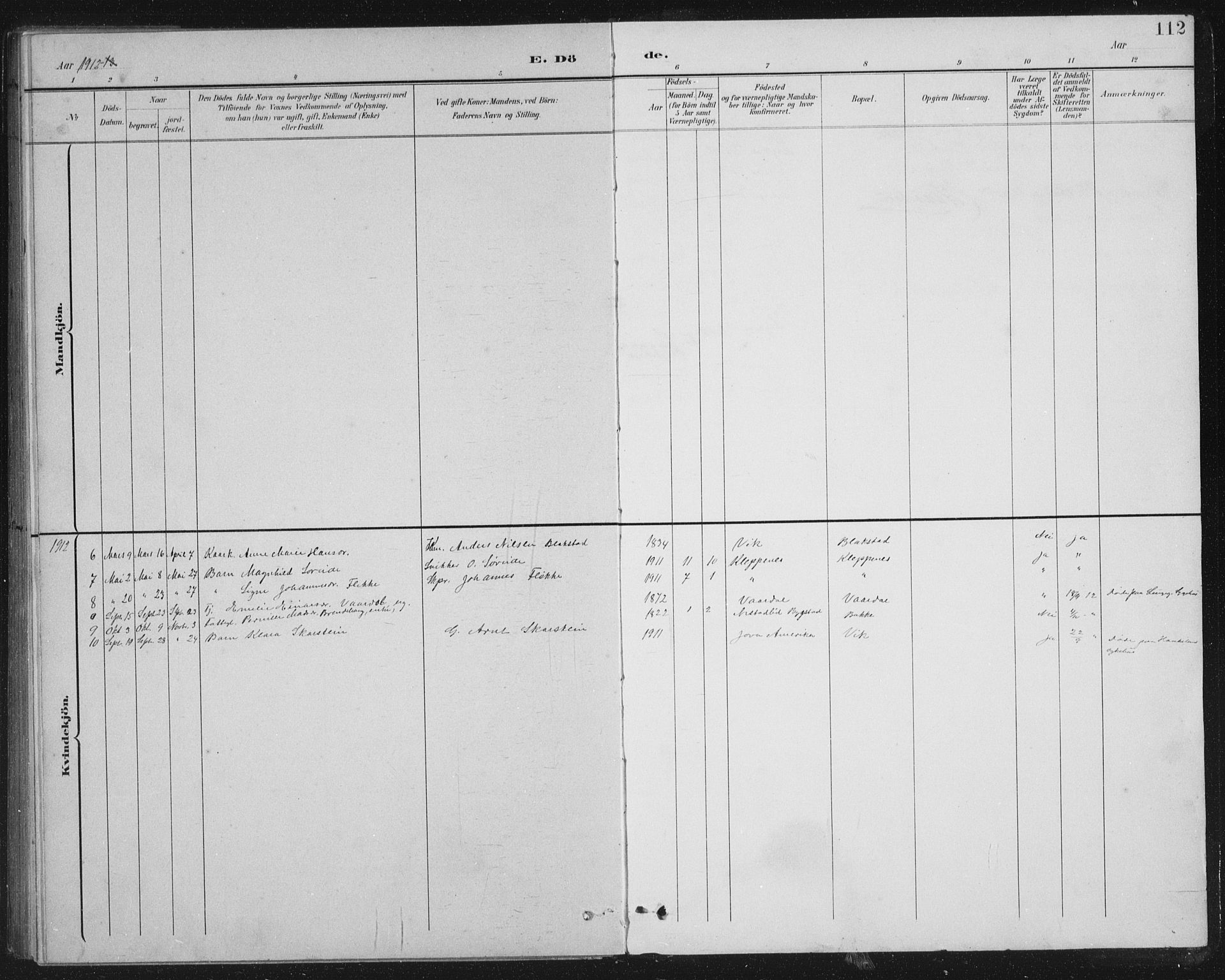 Fjaler sokneprestembete, AV/SAB-A-79801/H/Hab/Habb/L0002: Klokkerbok nr. B 2, 1895-1915, s. 112