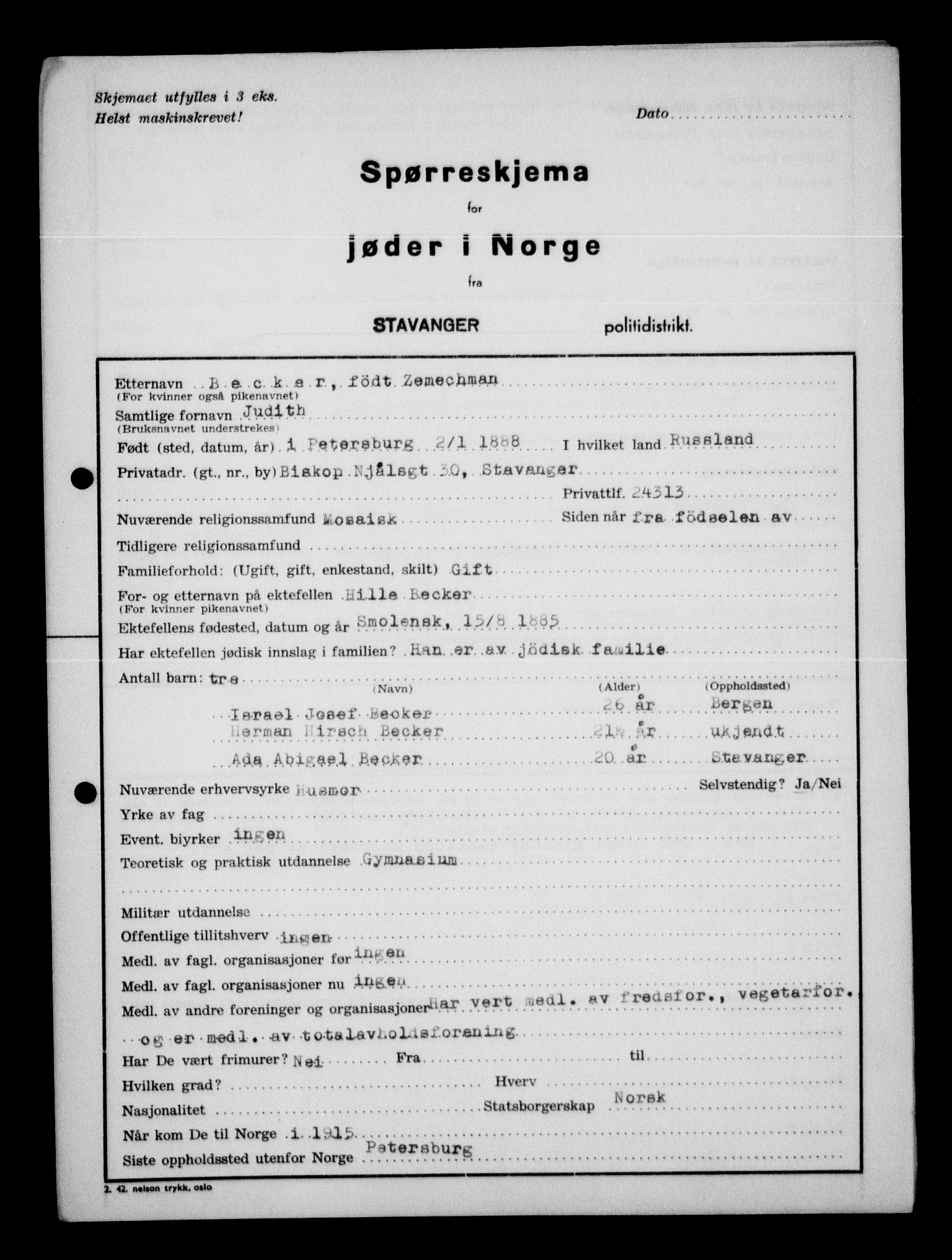 Statspolitiet - Hovedkontoret / Osloavdelingen, AV/RA-S-1329/G/Ga/L0013: Spørreskjema for jøder i Norge. 1: Sandefjord-Trondheim. 2: Tønsberg- Ålesund.  3: Skriv vedr. jøder A-H.  , 1942-1943, s. 72