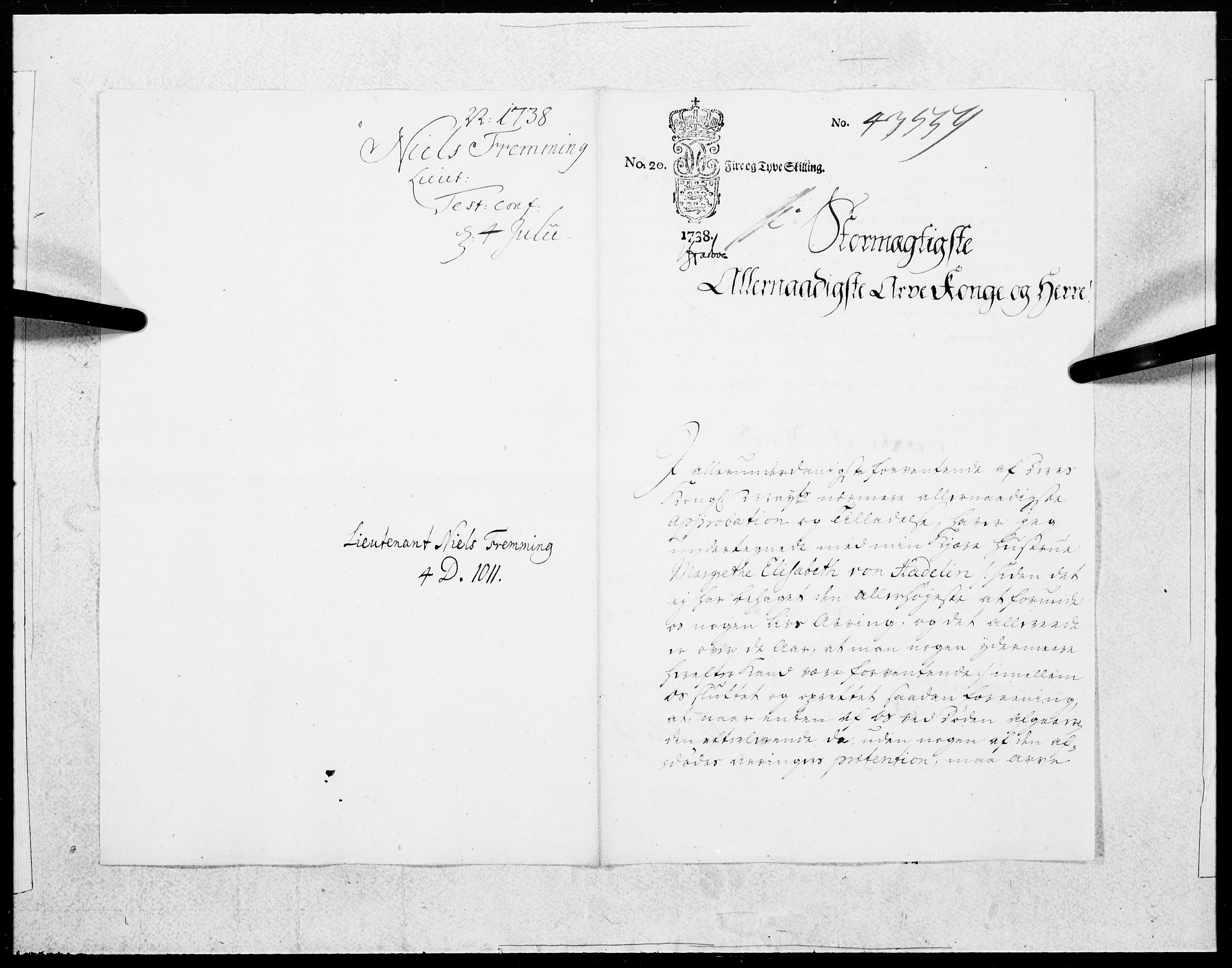Danske Kanselli 1572-1799, AV/RA-EA-3023/F/Fc/Fcc/Fcca/L0128: Norske innlegg 1572-1799, 1738, s. 2