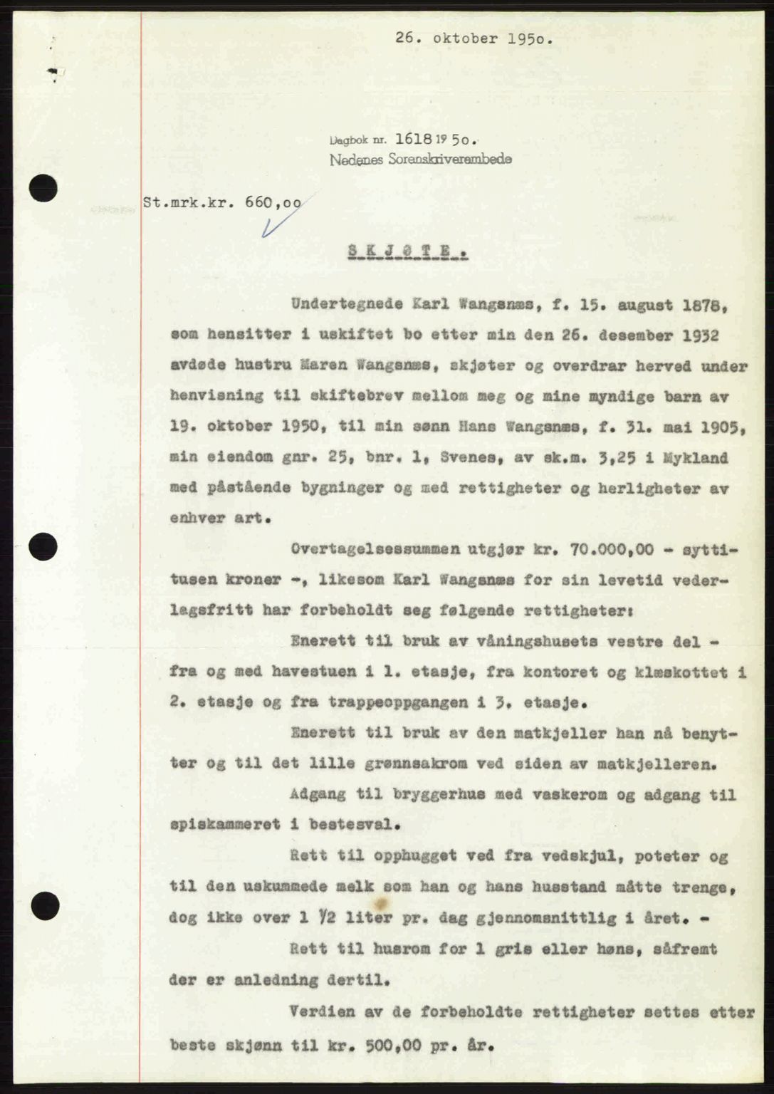 Nedenes sorenskriveri, SAK/1221-0006/G/Gb/Gba/L0063: Pantebok nr. A15, 1950-1950, Dagboknr: 1618/1950