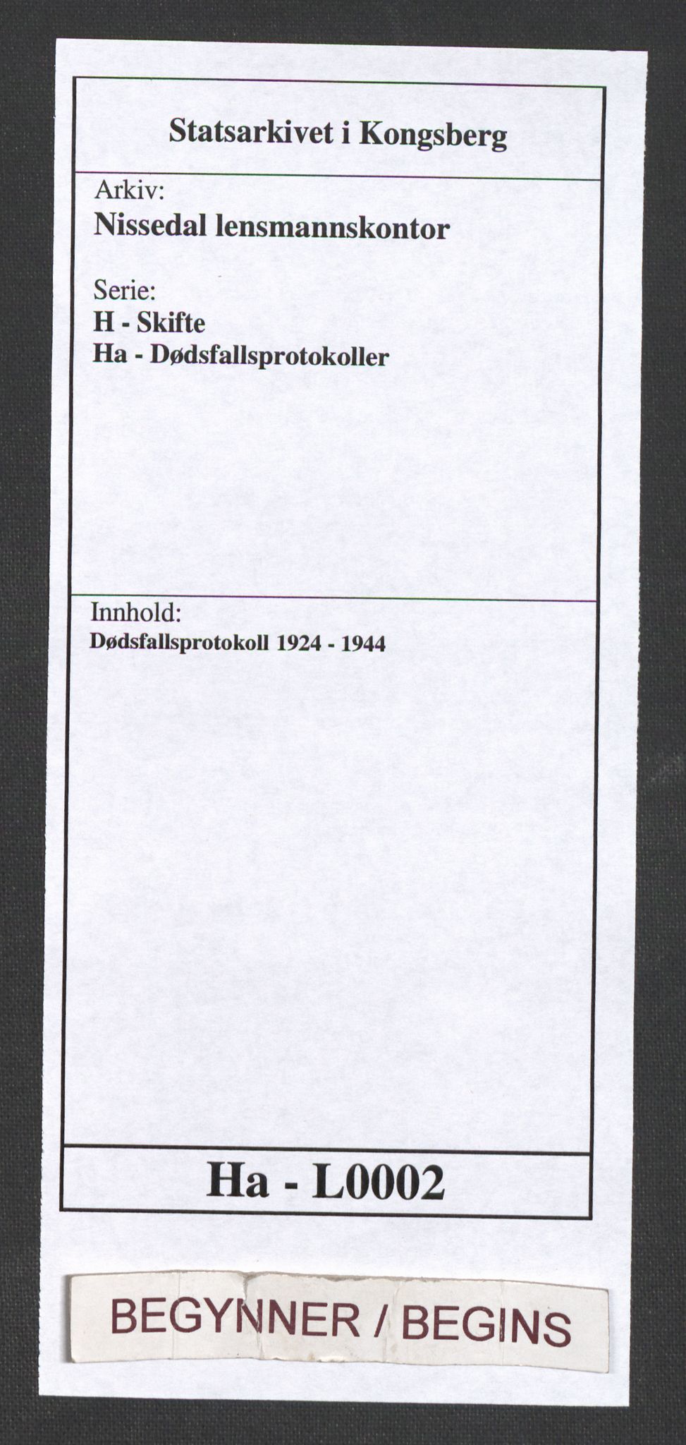 Nissedal lensmannskontor, AV/SAKO-A-565/H/Ha/L0002: Dødsfallsprotokoll, 1924-1944