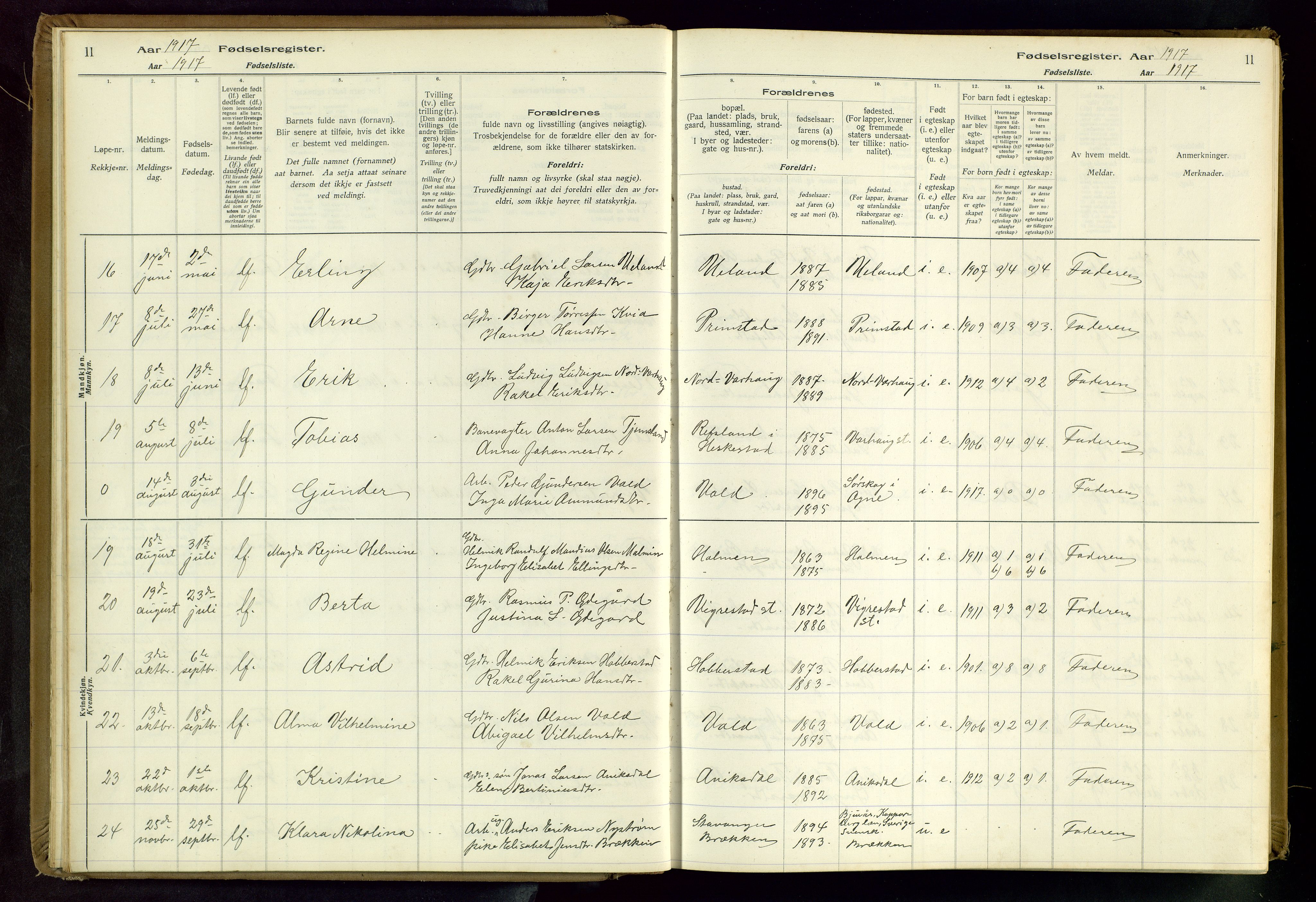 Hå sokneprestkontor, SAST/A-101801/001/704BA/L0001: Fødselsregister nr. 1, 1916-1944, s. 11