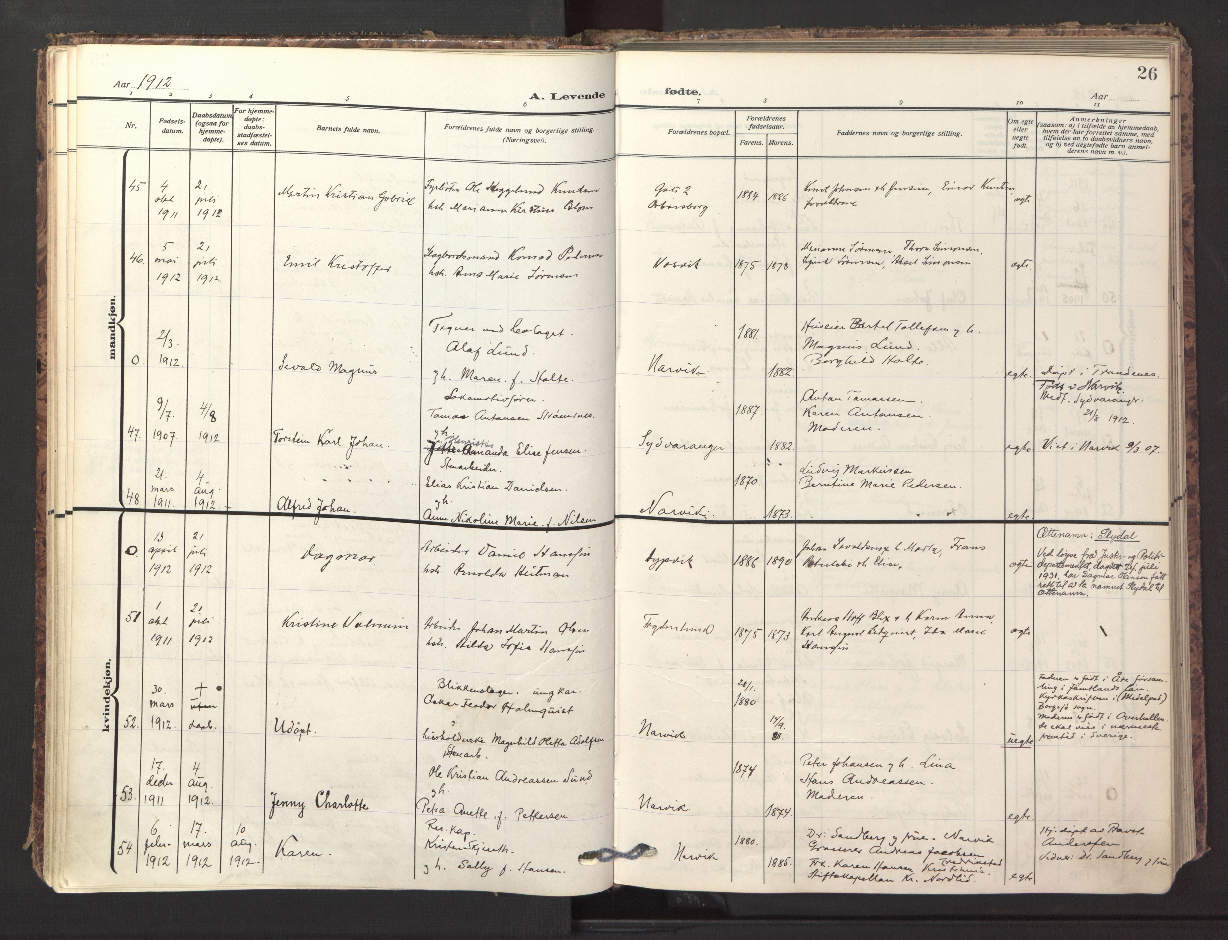 Ministerialprotokoller, klokkerbøker og fødselsregistre - Nordland, AV/SAT-A-1459/871/L1001: Ministerialbok nr. 871A17, 1911-1921, s. 26