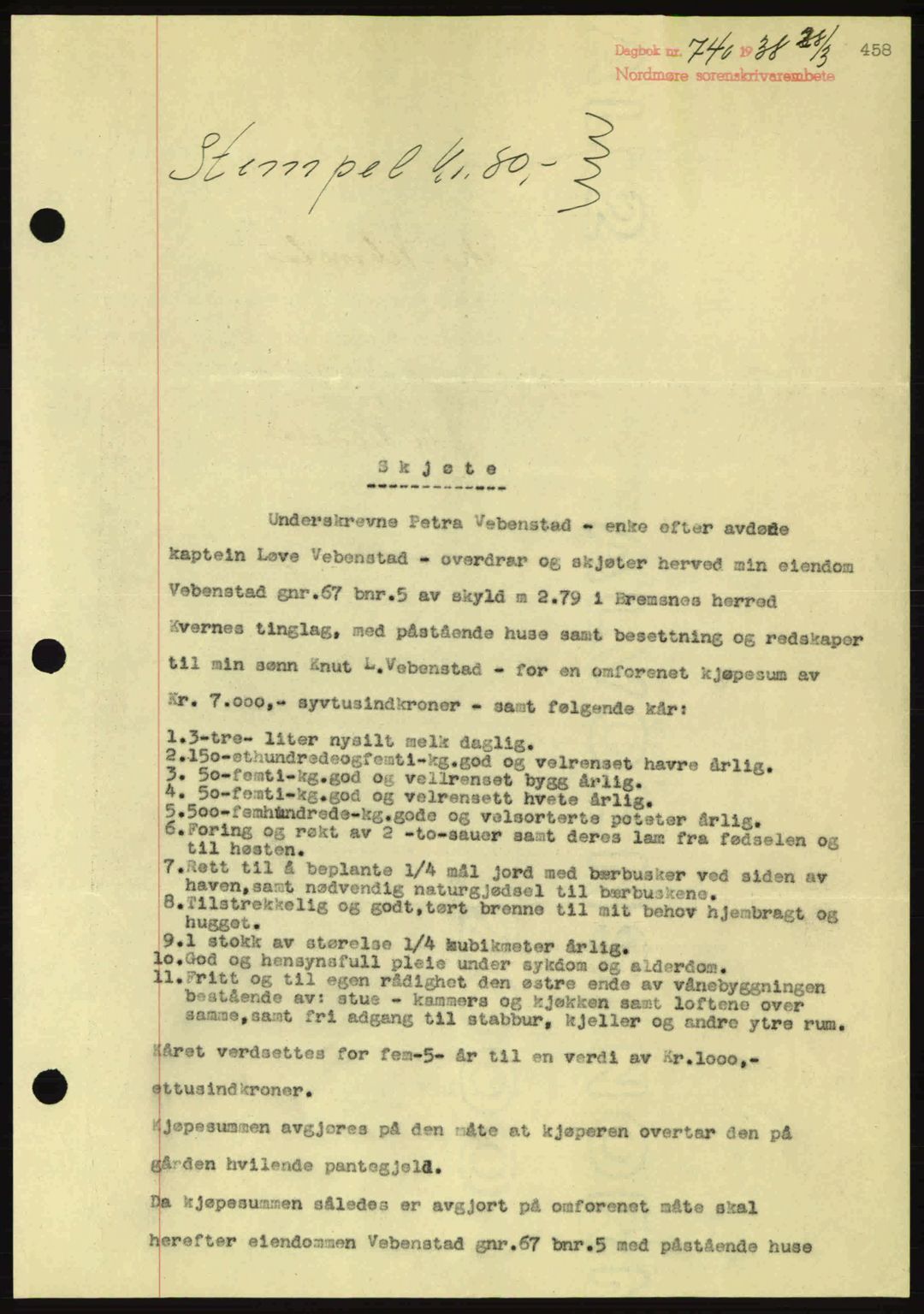 Nordmøre sorenskriveri, AV/SAT-A-4132/1/2/2Ca: Pantebok nr. A83, 1938-1938, Dagboknr: 740/1938