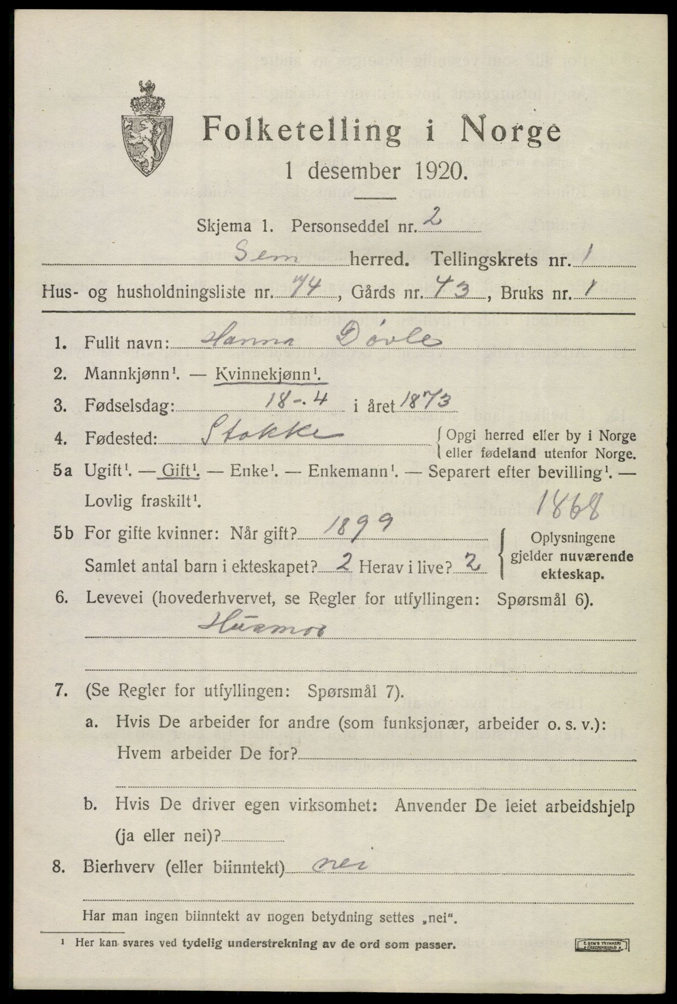 SAKO, Folketelling 1920 for 0721 Sem herred, 1920, s. 3561