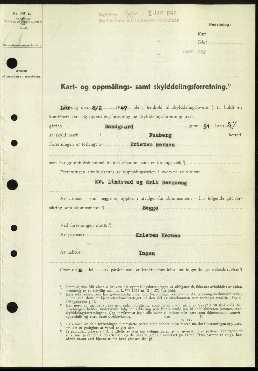 Sør-Gudbrandsdal tingrett, SAH/TING-004/H/Hb/Hbd/L0018: Pantebok nr. A18, 1947-1947, Dagboknr: 1091/1947