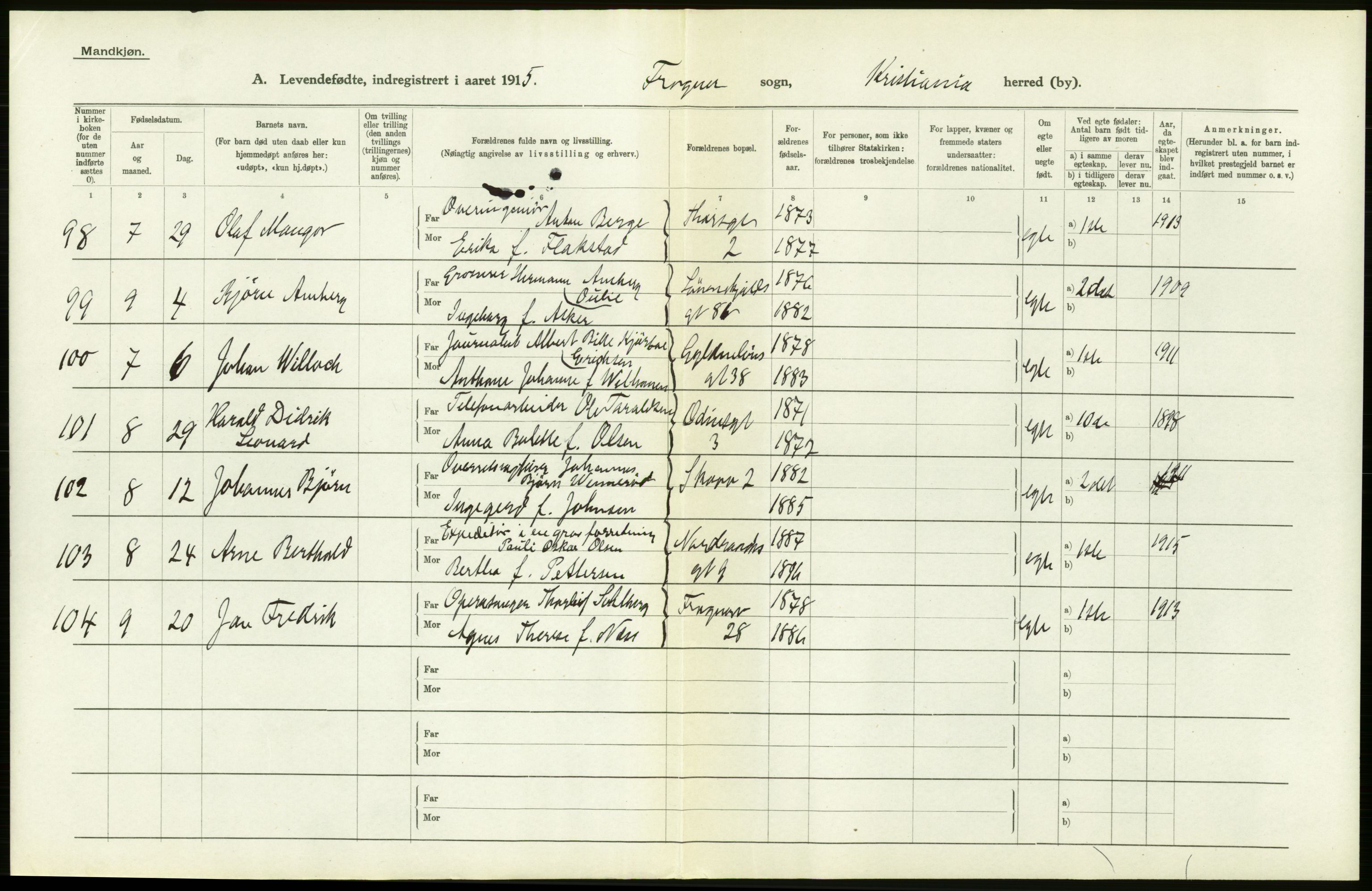 Statistisk sentralbyrå, Sosiodemografiske emner, Befolkning, AV/RA-S-2228/D/Df/Dfb/Dfbe/L0007: Kristiania: Levendefødte menn og kvinner., 1915, s. 552