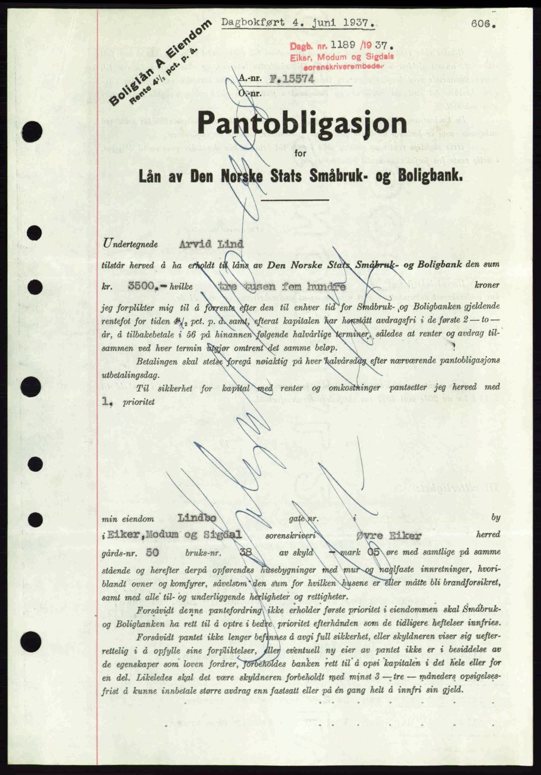 Eiker, Modum og Sigdal sorenskriveri, SAKO/A-123/G/Ga/Gab/L0035: Pantebok nr. A5, 1937-1937, Dagboknr: 1189/1937
