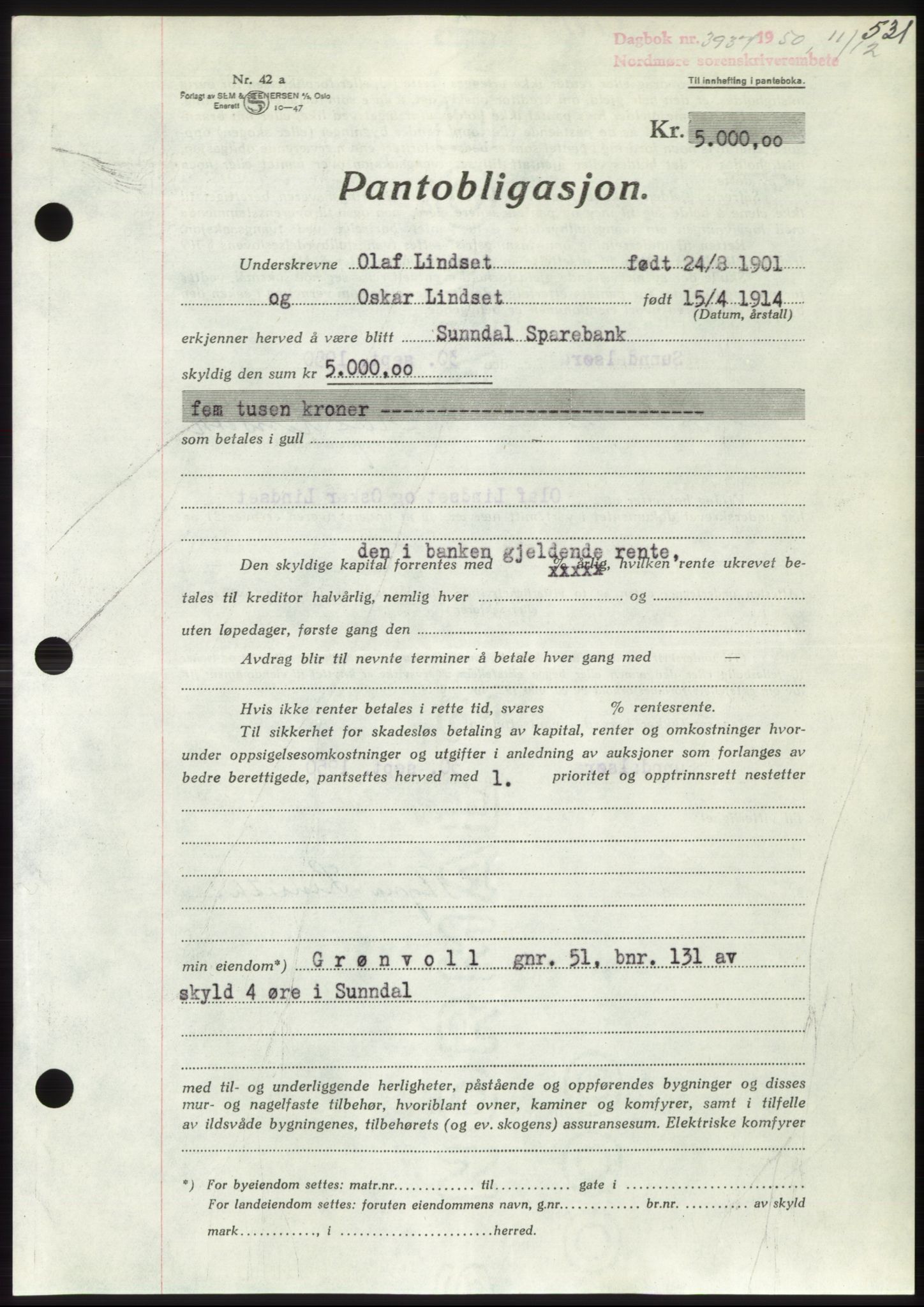 Nordmøre sorenskriveri, SAT/A-4132/1/2/2Ca: Pantebok nr. B106, 1950-1950, Dagboknr: 3937/1950