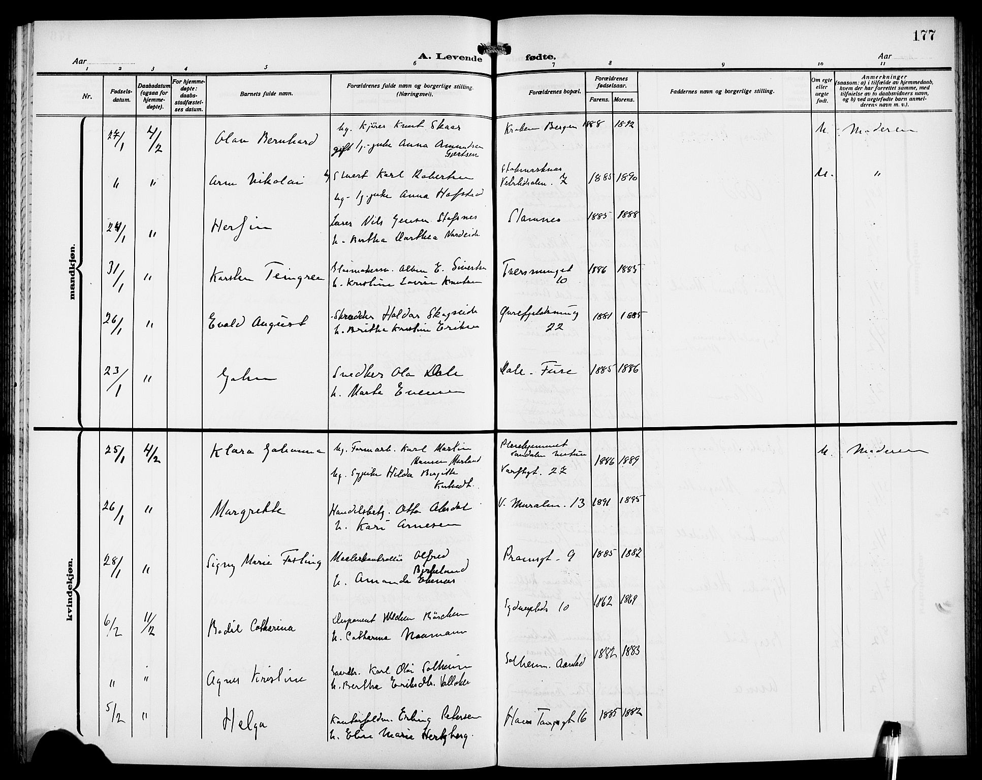 Fødselsstiftelsens sokneprestembete*, SAB/-: Klokkerbok nr. A 2, 1909-1916, s. 177