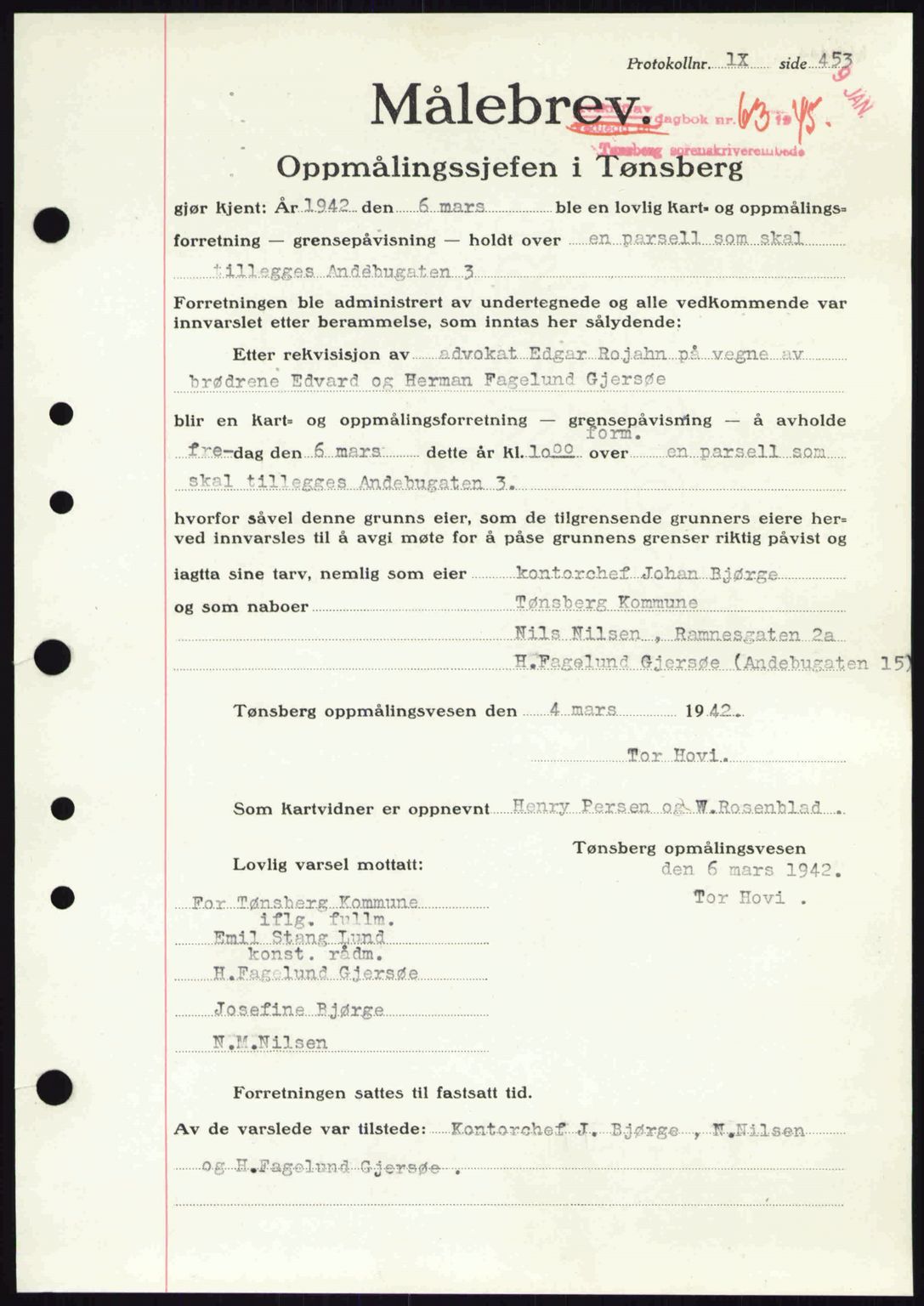 Tønsberg sorenskriveri, AV/SAKO-A-130/G/Ga/Gaa/L0016: Pantebok nr. A16, 1944-1945, Dagboknr: 63/1945