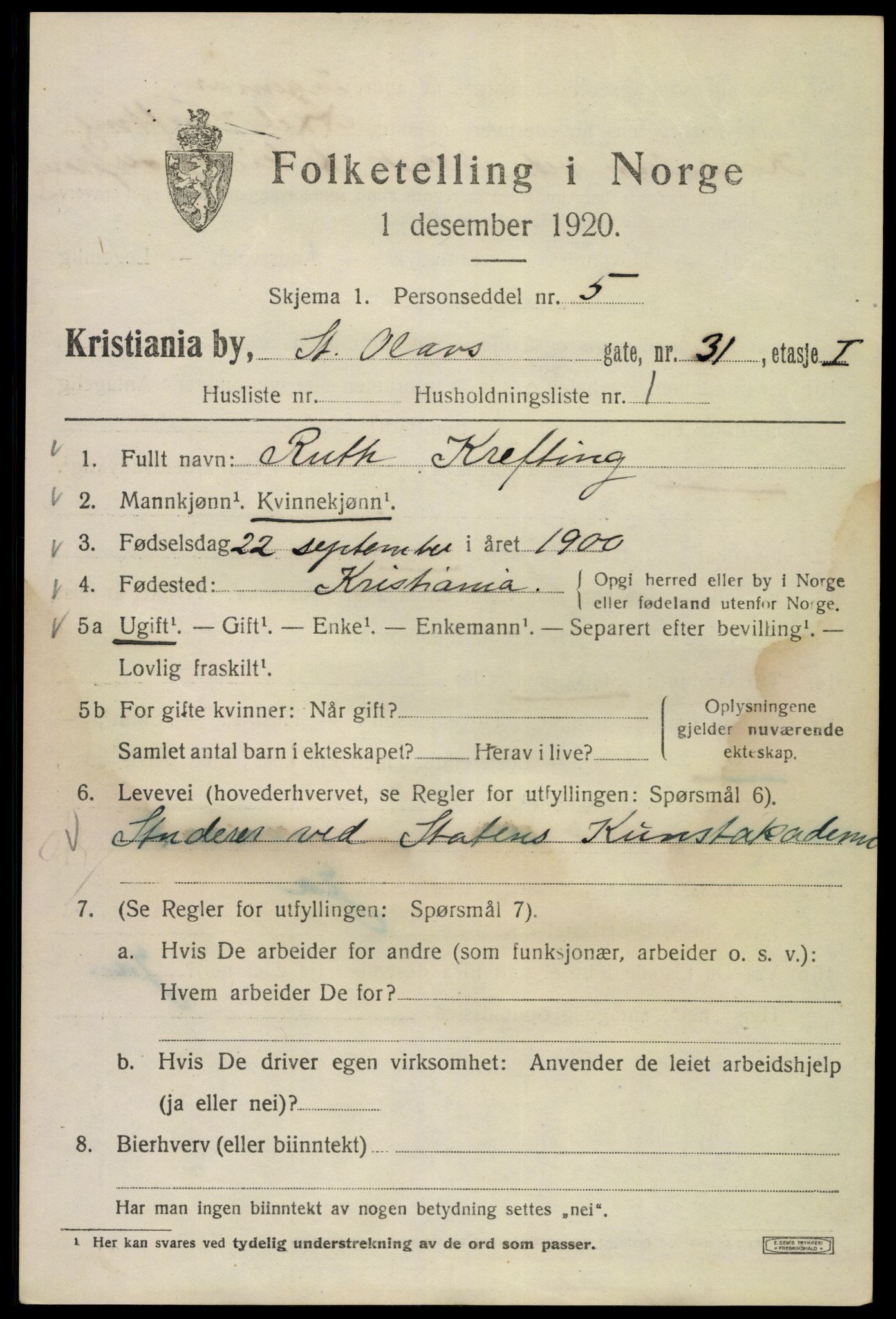 SAO, Folketelling 1920 for 0301 Kristiania kjøpstad, 1920, s. 535573