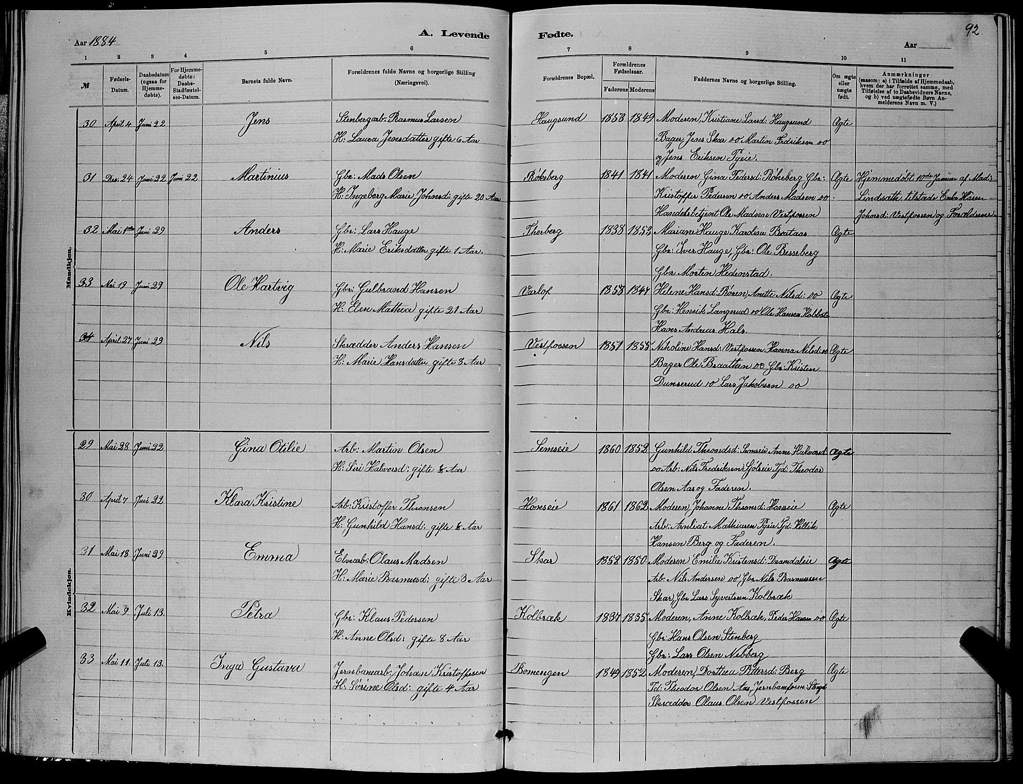 Eiker kirkebøker, AV/SAKO-A-4/G/Ga/L0005: Klokkerbok nr. I 5, 1878-1887, s. 92