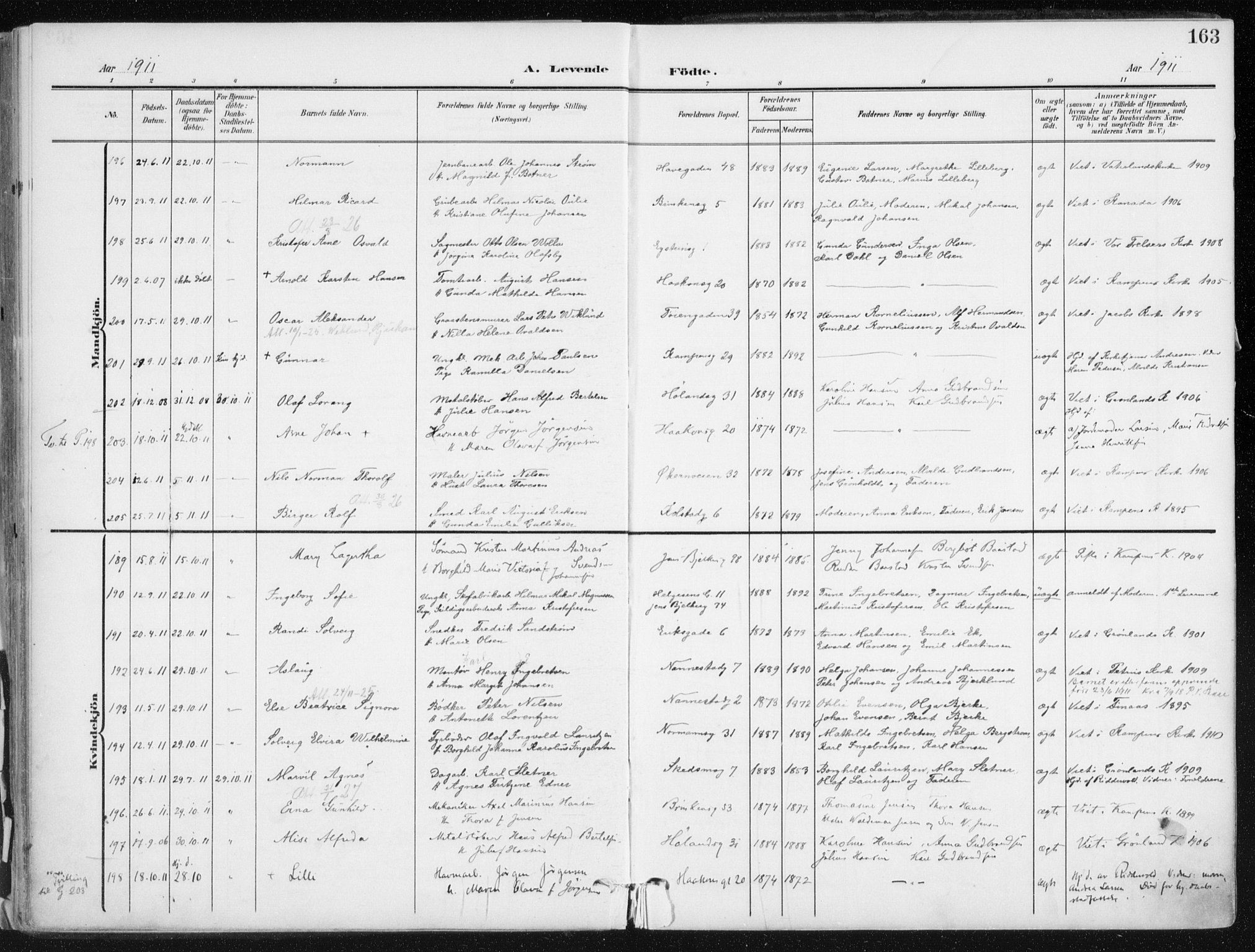 Kampen prestekontor Kirkebøker, AV/SAO-A-10853/F/Fa/L0010: Ministerialbok nr. I 10, 1905-1917, s. 163