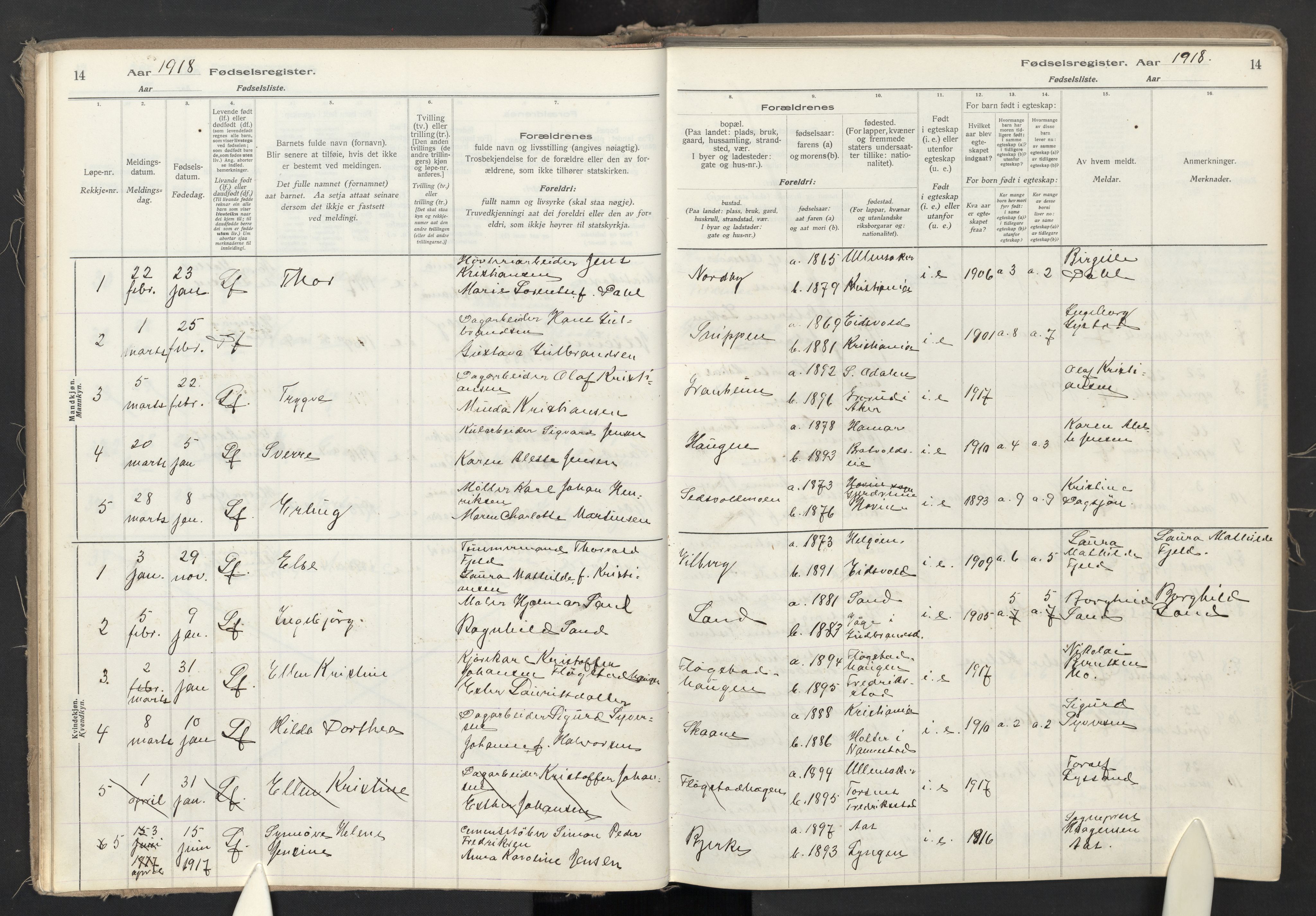 Ullensaker prestekontor Kirkebøker, AV/SAO-A-10236a/J/Jb/L0001: Fødselsregister nr. II 1, 1916-1946, s. 14