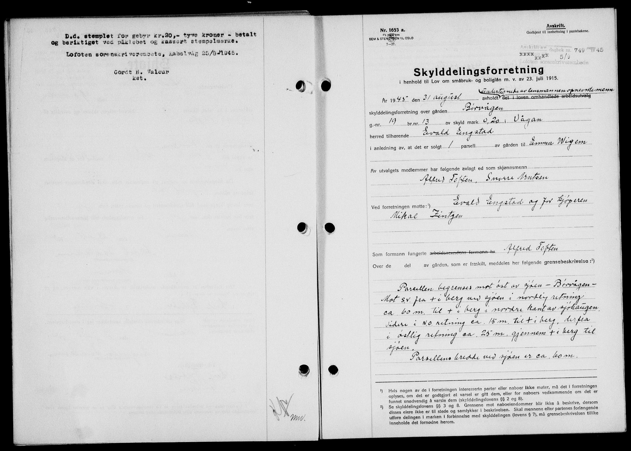 Lofoten sorenskriveri, SAT/A-0017/1/2/2C/L0013a: Pantebok nr. 13a, 1944-1946, Dagboknr: 749/1945