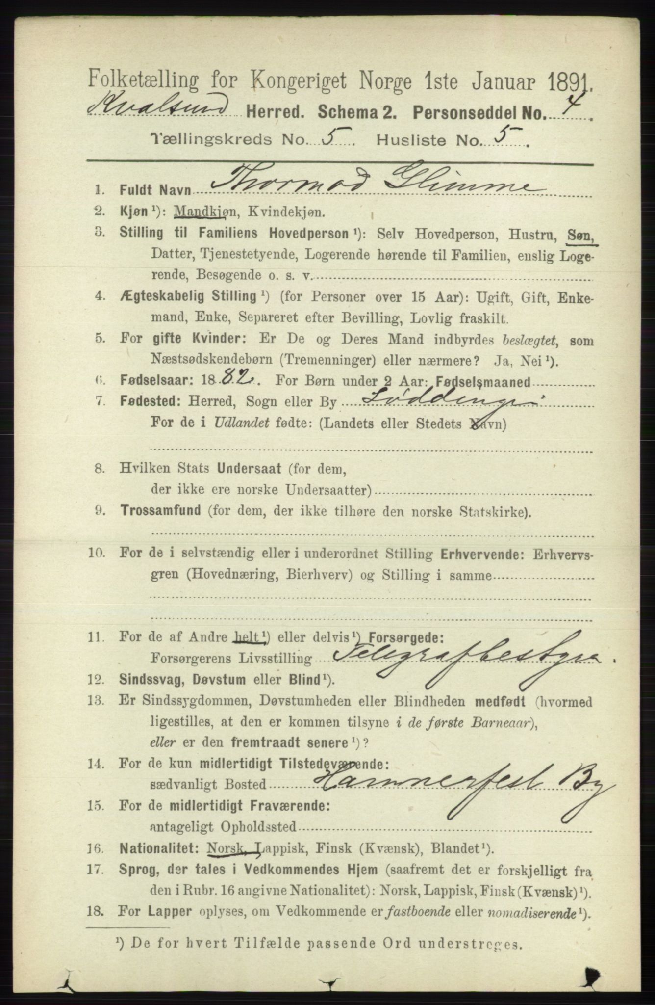 RA, Folketelling 1891 for 2017 Kvalsund herred, 1891, s. 545