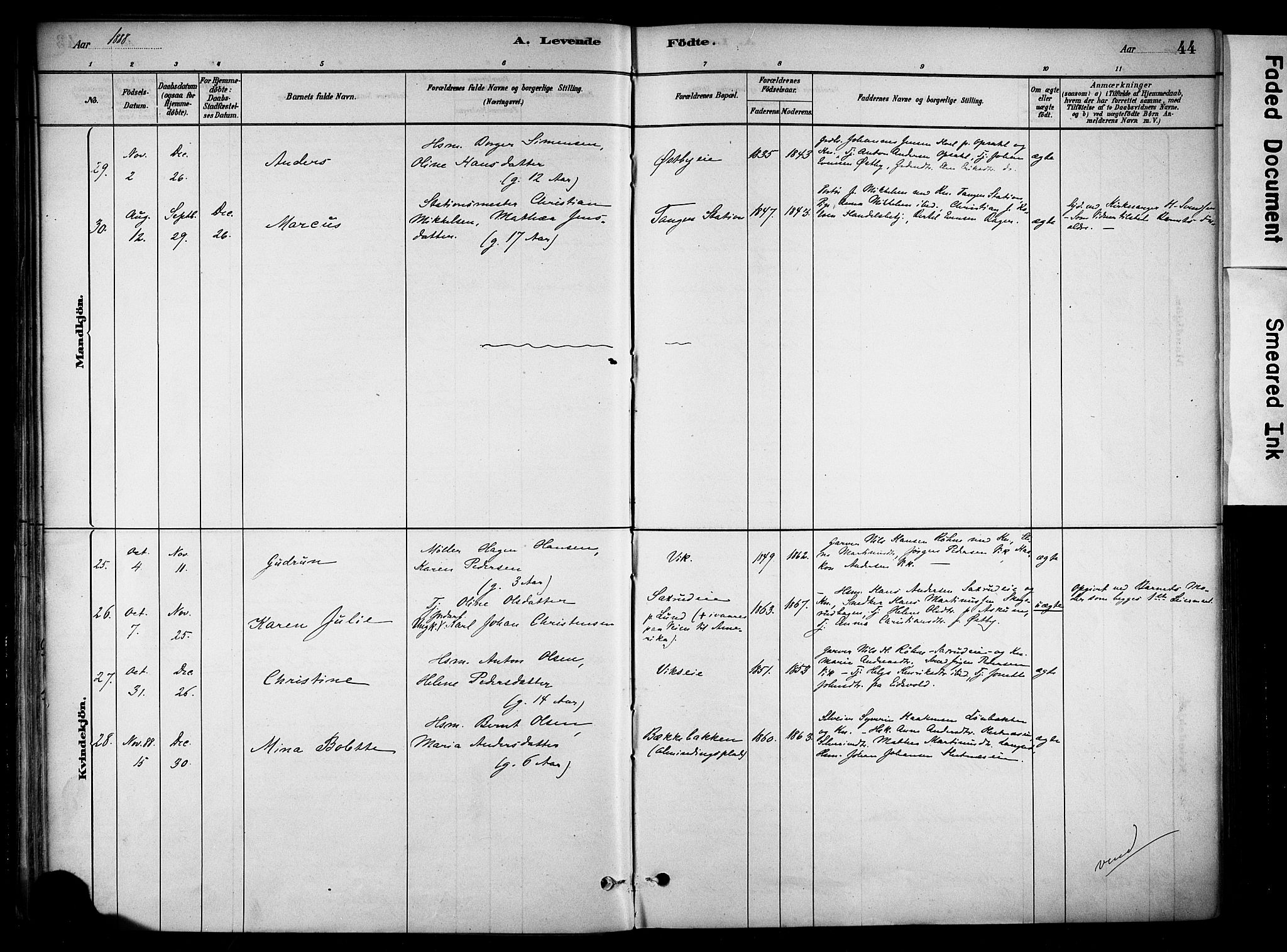 Stange prestekontor, SAH/PREST-002/K/L0018: Ministerialbok nr. 18, 1880-1896, s. 44