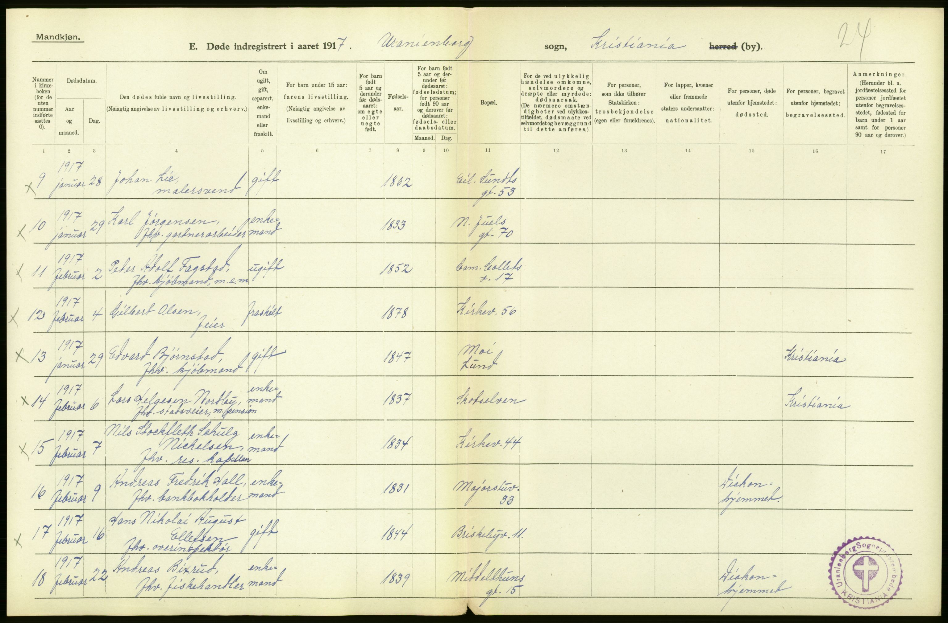 Statistisk sentralbyrå, Sosiodemografiske emner, Befolkning, AV/RA-S-2228/D/Df/Dfb/Dfbg/L0010: Kristiania: Døde, 1917, s. 438