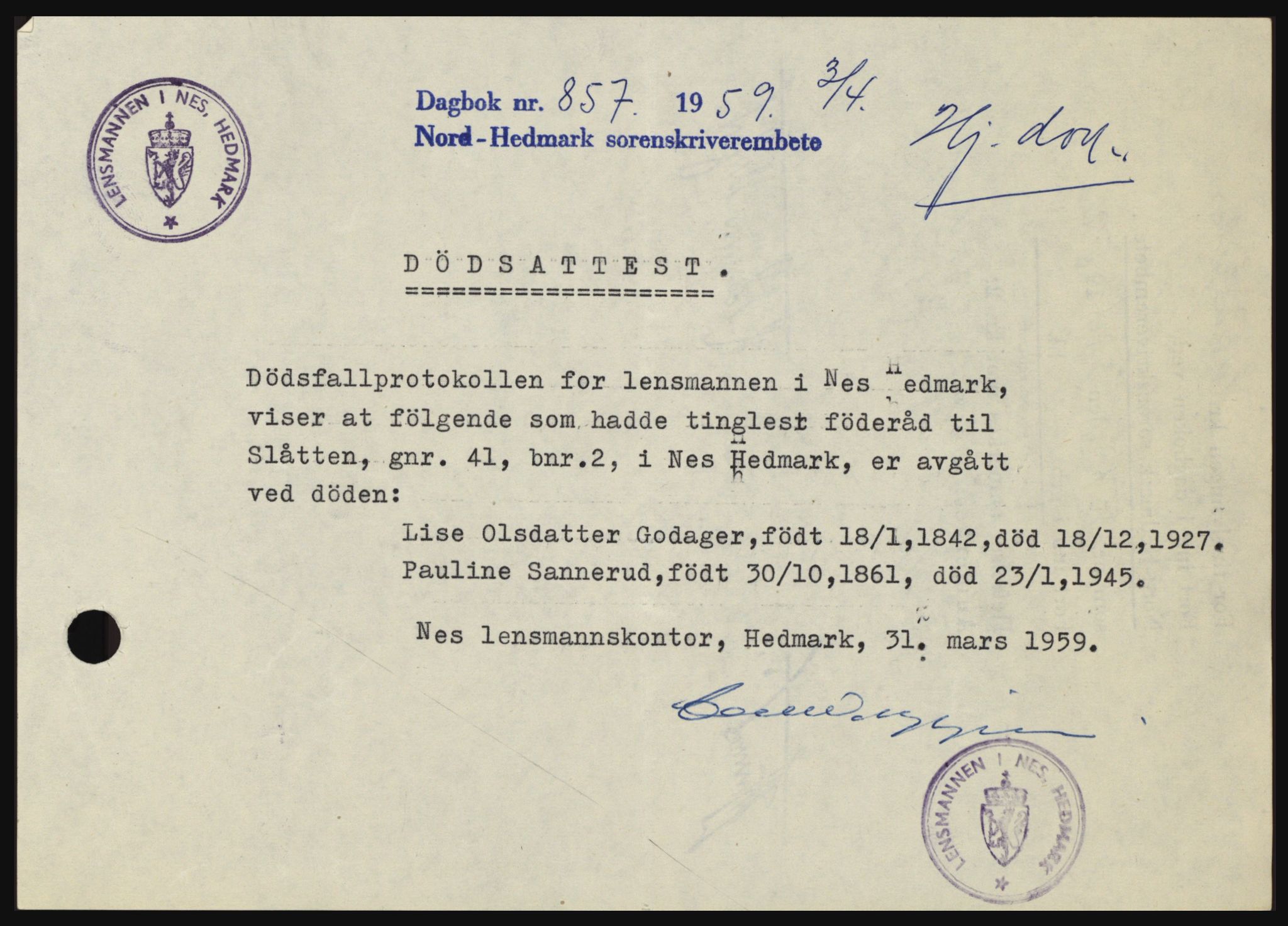 Nord-Hedmark sorenskriveri, SAH/TING-012/H/Hc/L0013: Pantebok nr. 13, 1959-1960, Dagboknr: 857/1959