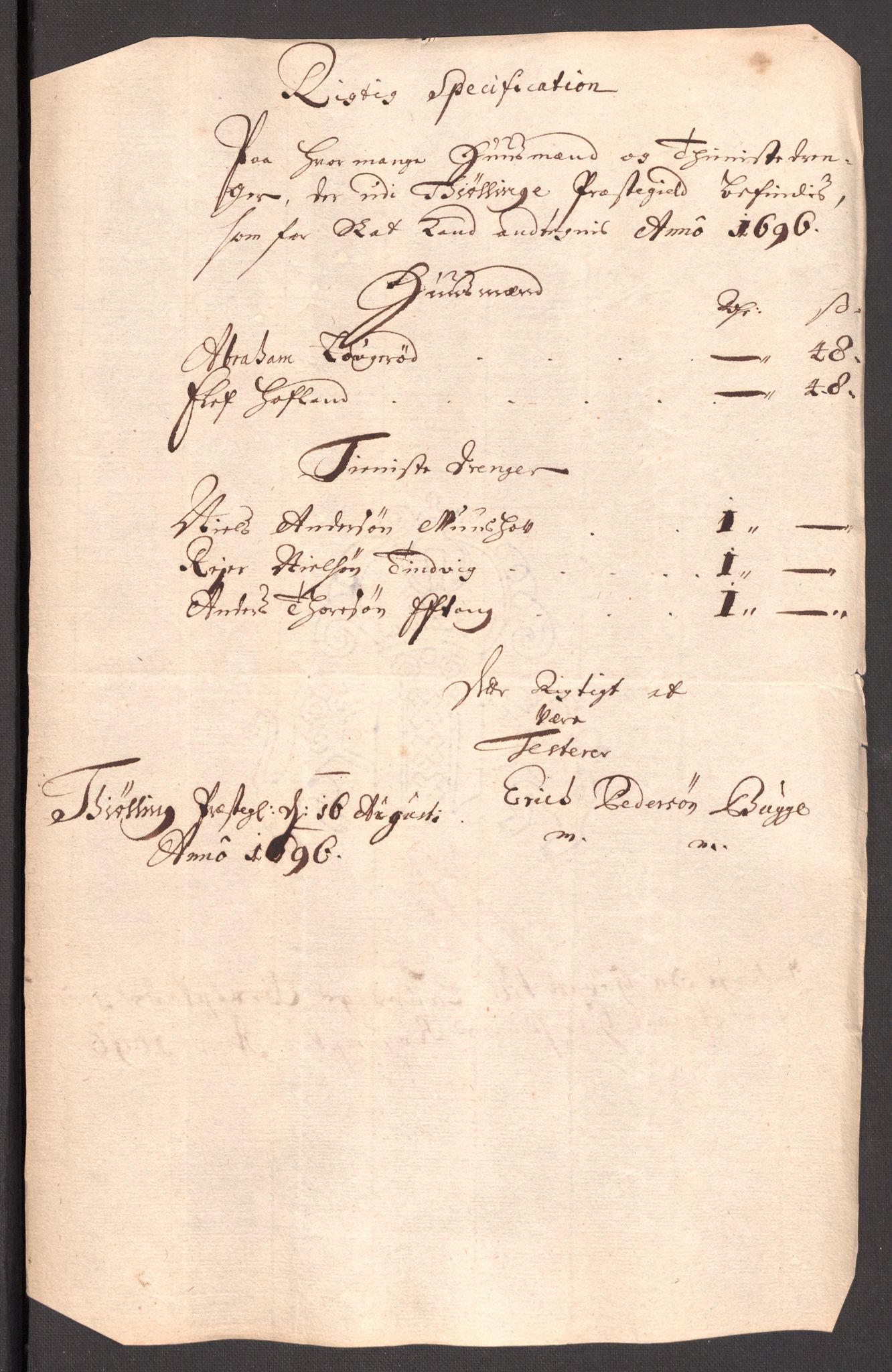 Rentekammeret inntil 1814, Reviderte regnskaper, Fogderegnskap, RA/EA-4092/R33/L1975: Fogderegnskap Larvik grevskap, 1696-1697, s. 77