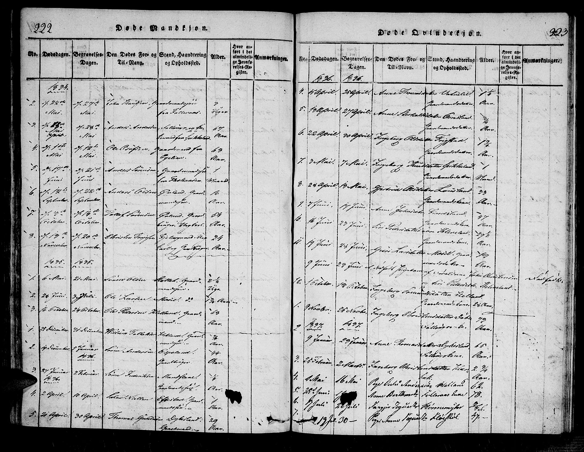 Bjelland sokneprestkontor, SAK/1111-0005/F/Fa/Fab/L0002: Ministerialbok nr. A 2, 1816-1869, s. 222-223