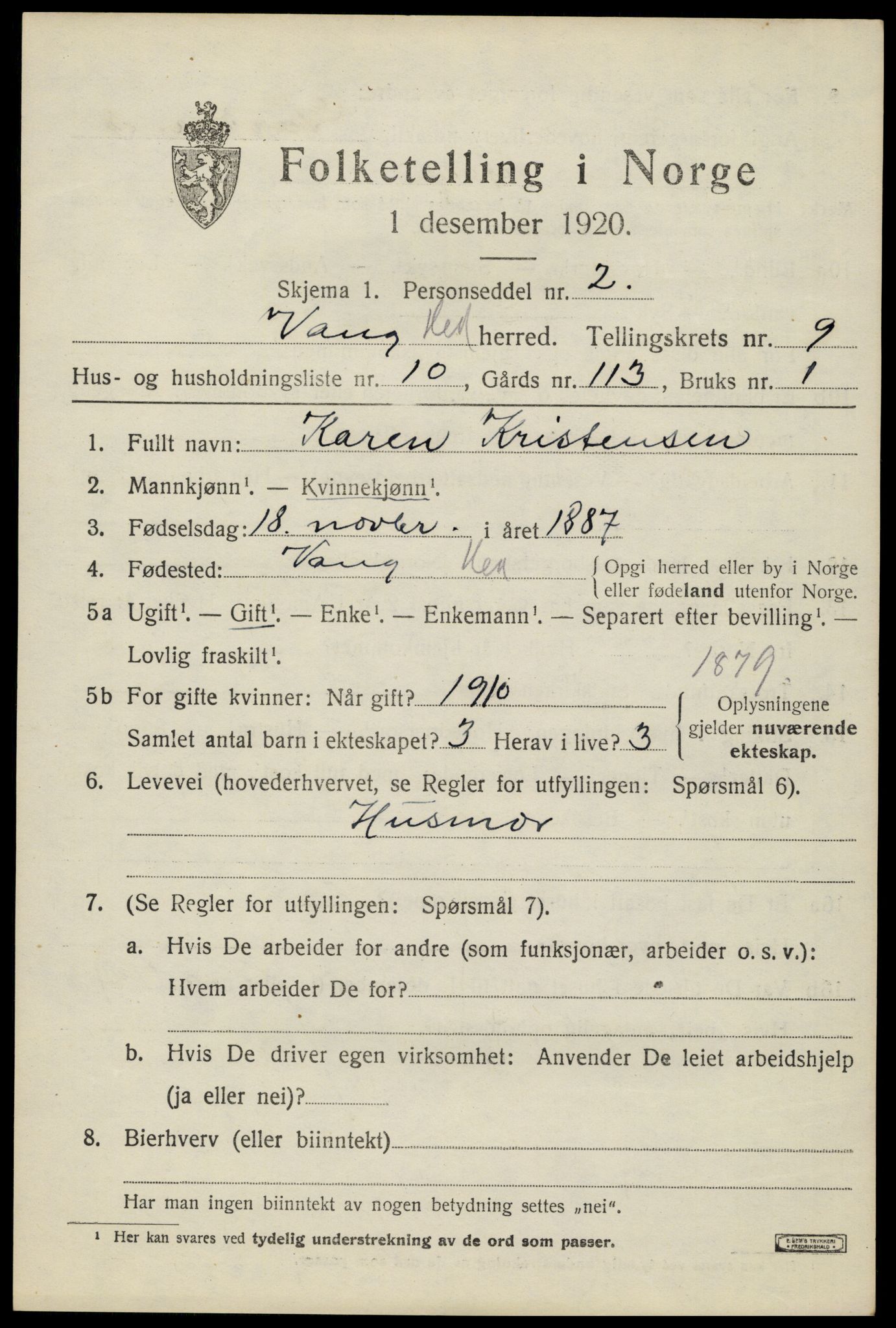 SAH, Folketelling 1920 for 0414 Vang herred, 1920, s. 18215