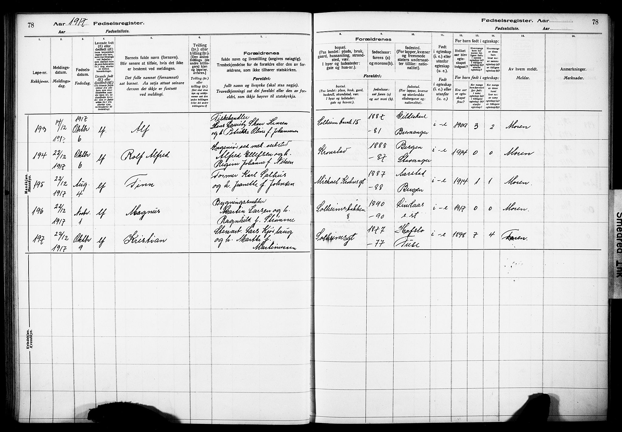 Årstad Sokneprestembete, AV/SAB-A-79301/I/Id/L0A01: Fødselsregister nr. A 1, 1916-1920, s. 78