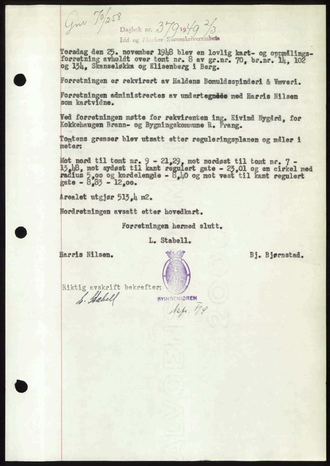 Idd og Marker sorenskriveri, SAO/A-10283/G/Gb/Gbb/L0011: Pantebok nr. A11, 1948-1949, Dagboknr: 379/1949