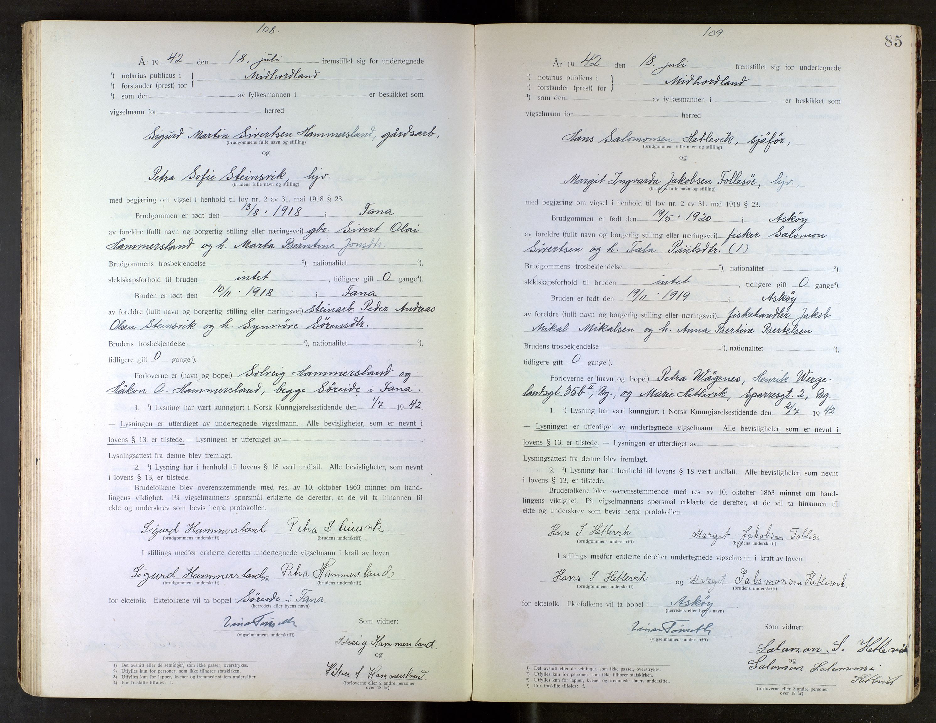 Midhordland sorenskriveri, SAB/A-3001/1/M/Mc/Mca/L0002: Notarialbilag. Vigselbøker, 1939-1942, s. 85