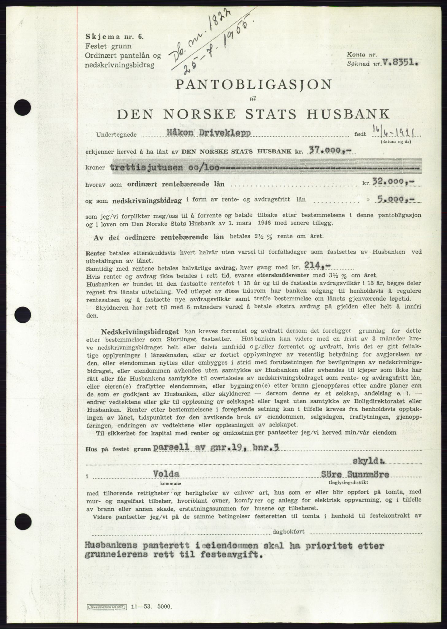 Søre Sunnmøre sorenskriveri, SAT/A-4122/1/2/2C/L0127: Pantebok nr. 15B, 1955-1955, Dagboknr: 1822/1955