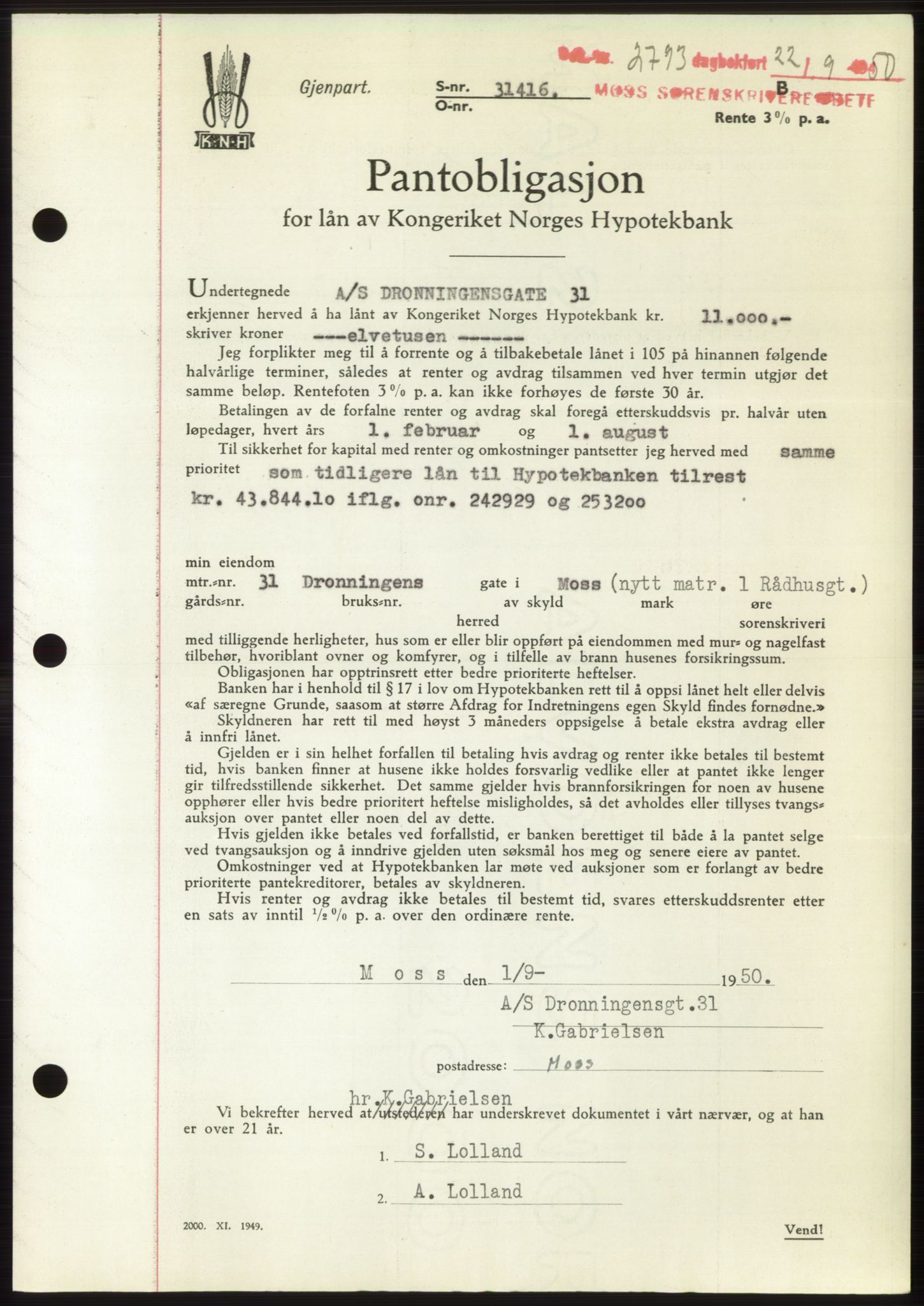 Moss sorenskriveri, SAO/A-10168: Pantebok nr. B25, 1950-1950, Dagboknr: 2793/1950