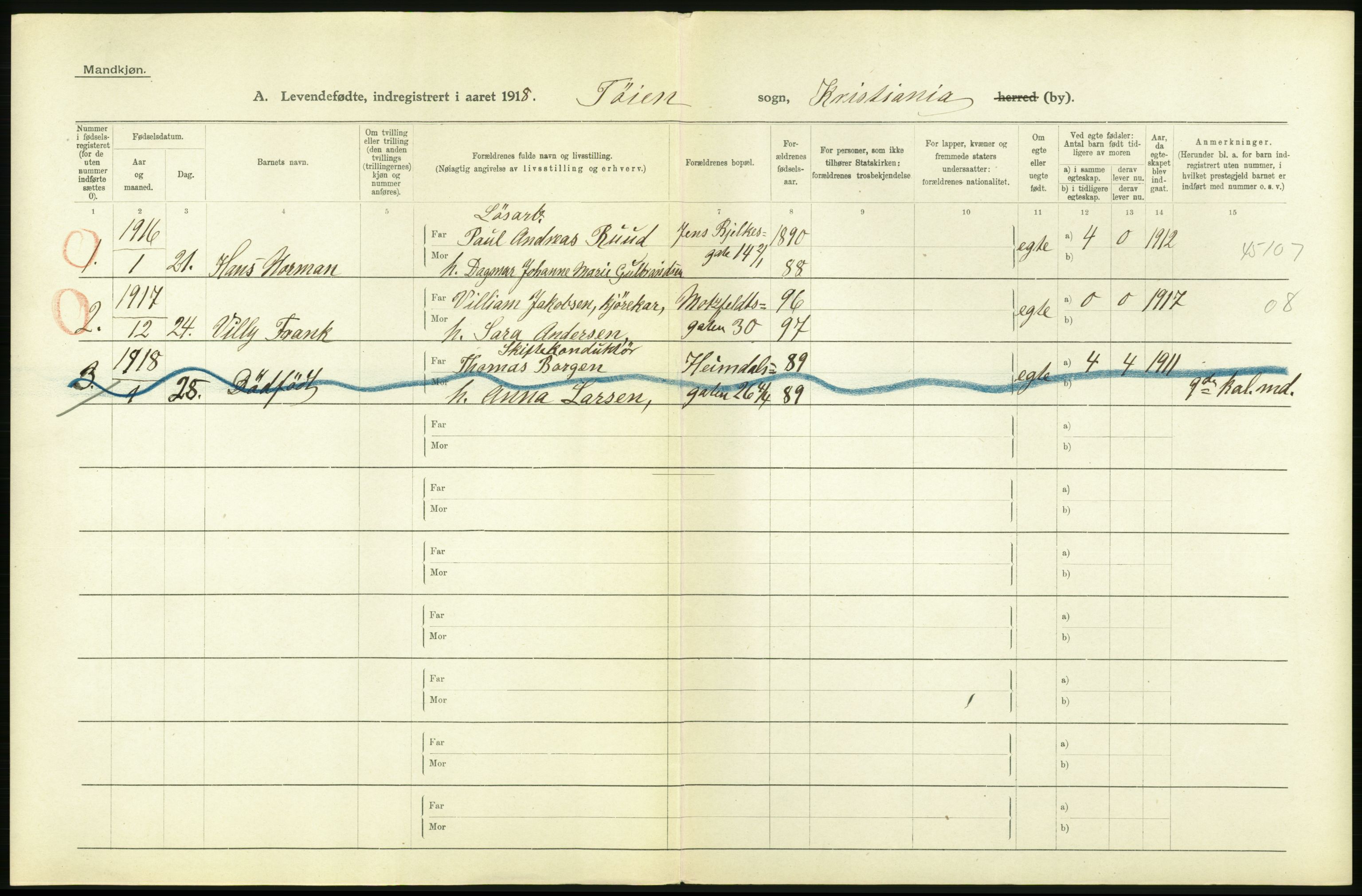 Statistisk sentralbyrå, Sosiodemografiske emner, Befolkning, RA/S-2228/D/Df/Dfb/Dfbh/L0008: Kristiania: Levendefødte menn og kvinner., 1918, s. 176