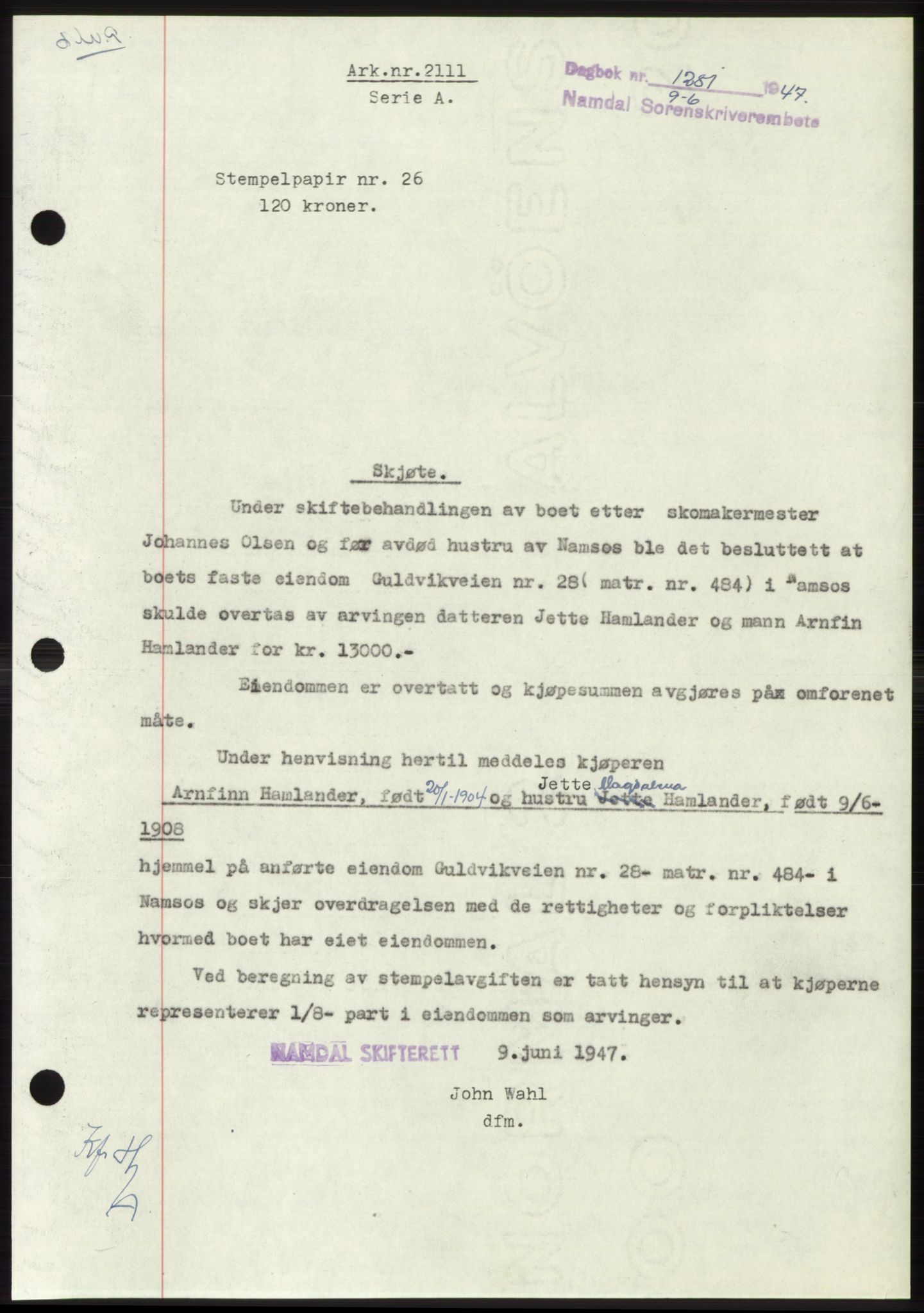 Namdal sorenskriveri, SAT/A-4133/1/2/2C: Pantebok nr. -, 1947-1947, Dagboknr: 1281/1947