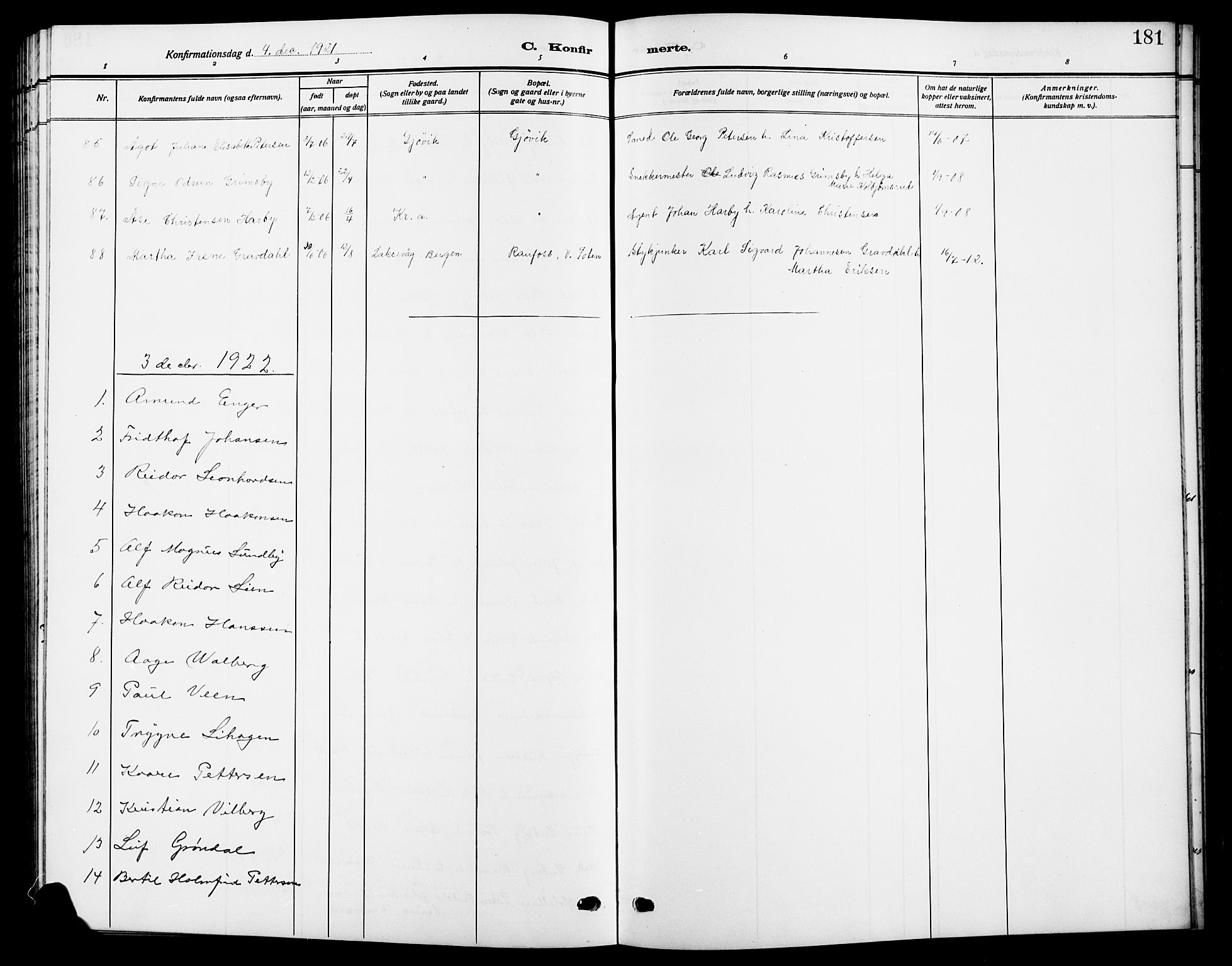 Vardal prestekontor, SAH/PREST-100/H/Ha/Hab/L0014: Klokkerbok nr. 14, 1911-1922, s. 181