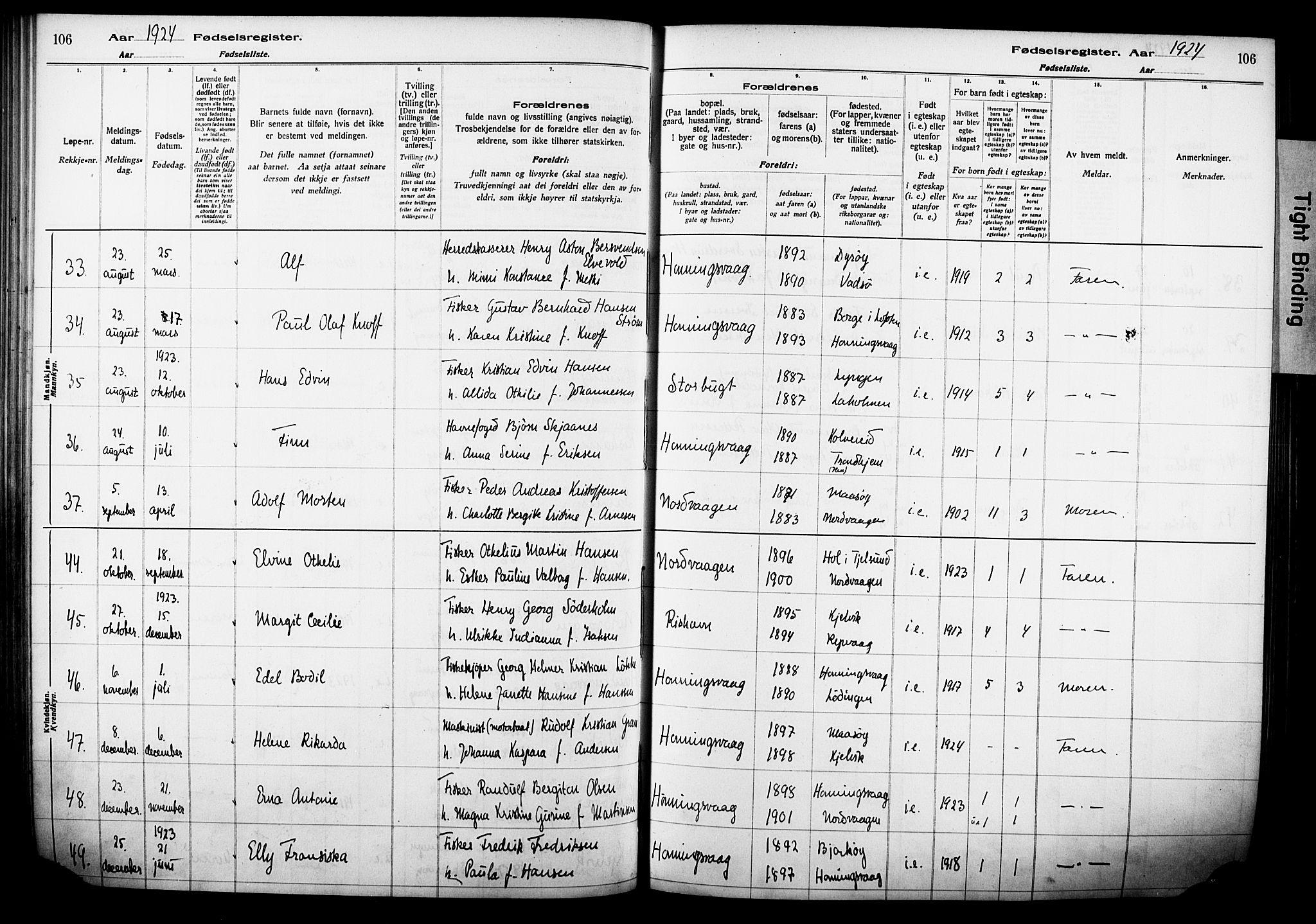 Kjelvik/Nordkapp sokneprestkontor, AV/SATØ-S-1350/I/Ia/L0015: Fødselsregister nr. 15, 1916-1930, s. 106