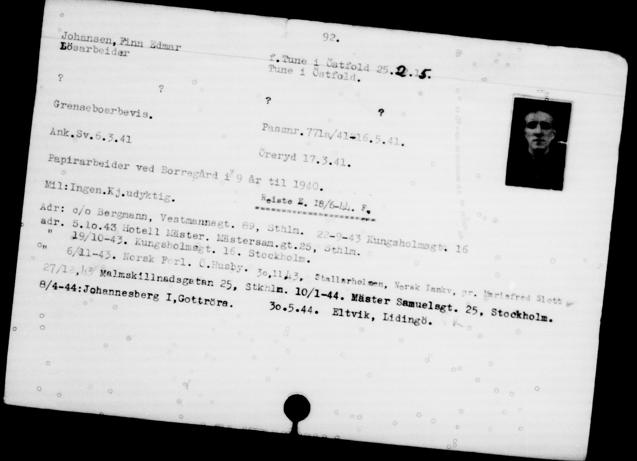 Utenriksstasjonene, Legasjonen i Stockholm, Flyktningkontoret, AV/RA-S-6753/V/Va/L0001: Kjesäterkartoteket, flyktninger med registreringsnr. 1-1000, 1940-1945, s. 159