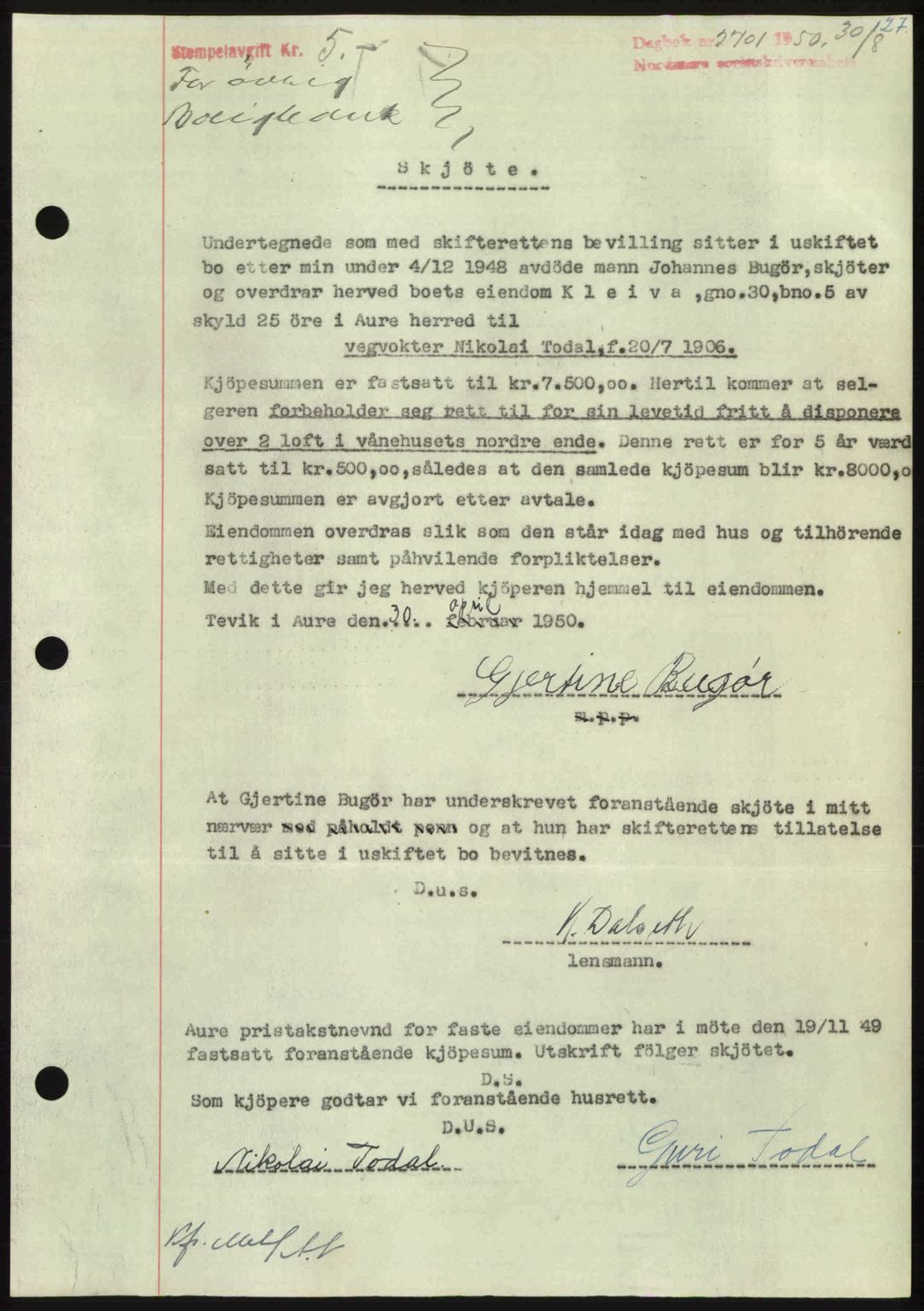 Nordmøre sorenskriveri, SAT/A-4132/1/2/2Ca: Pantebok nr. A116, 1950-1950, Dagboknr: 2701/1950