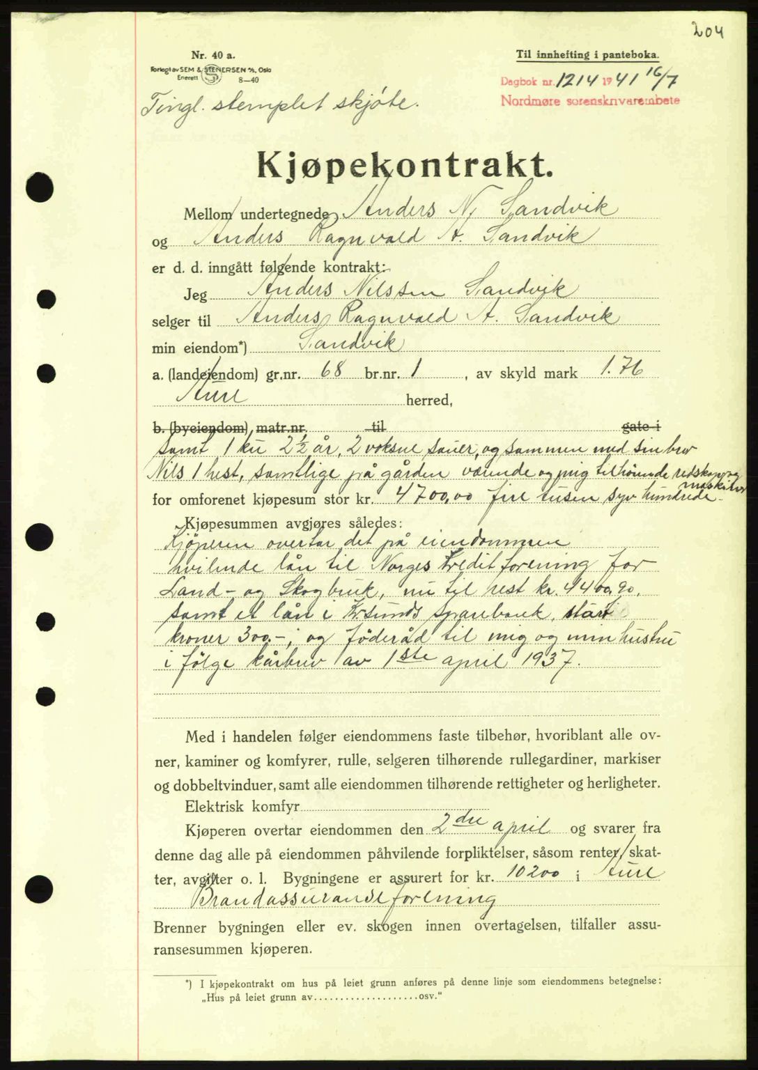 Nordmøre sorenskriveri, SAT/A-4132/1/2/2Ca: Pantebok nr. B88, 1941-1942, Dagboknr: 1214/1941