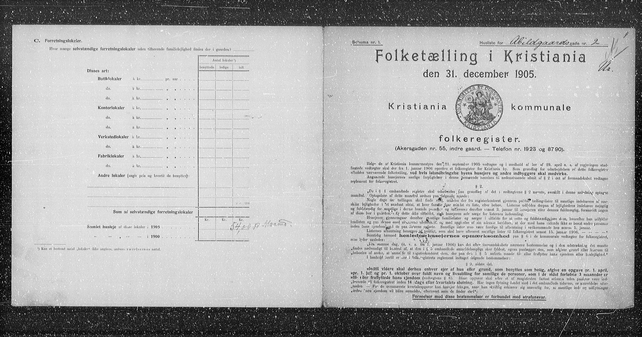 OBA, Kommunal folketelling 31.12.1905 for Kristiania kjøpstad, 1905, s. 1