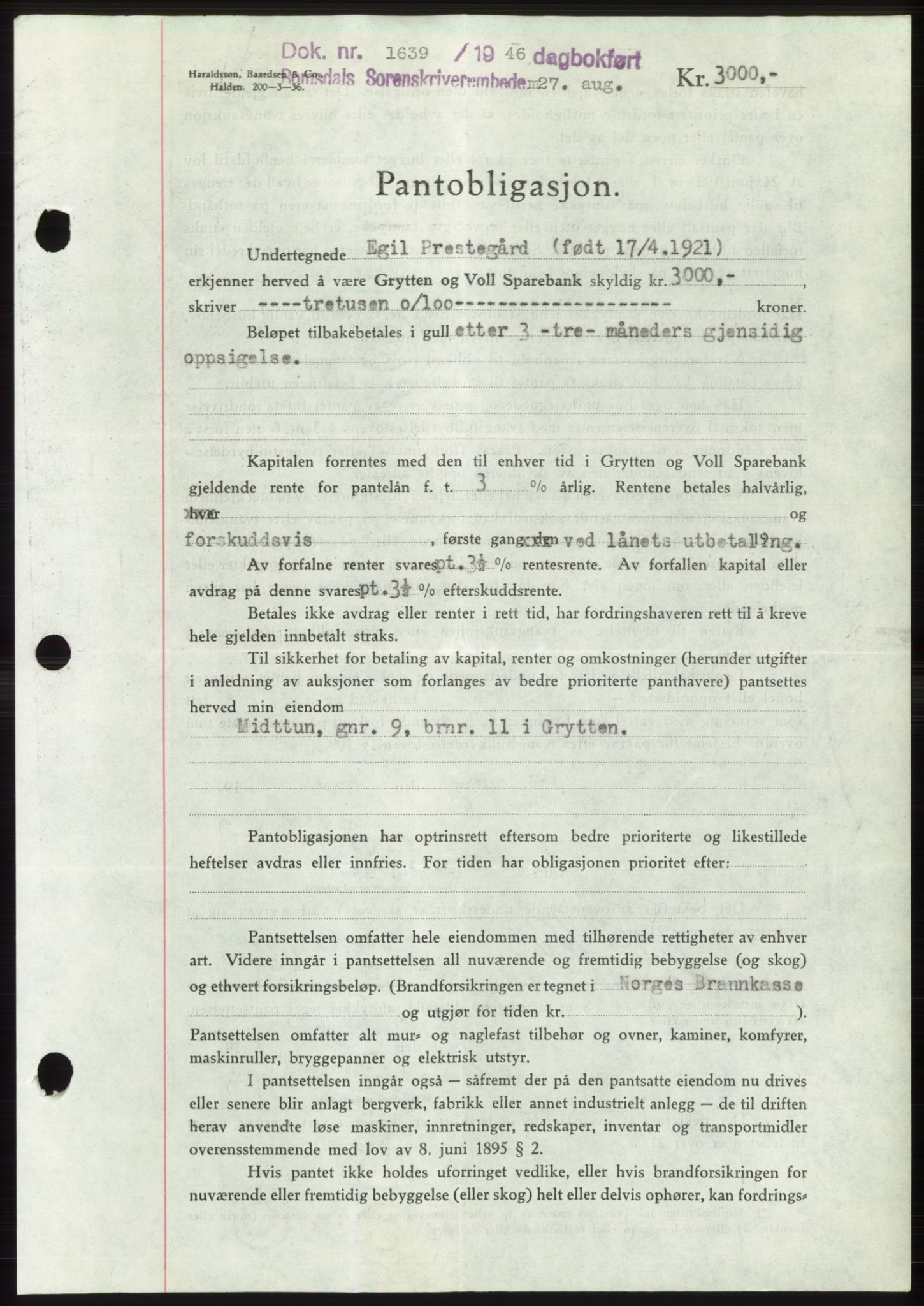 Romsdal sorenskriveri, AV/SAT-A-4149/1/2/2C: Pantebok nr. B3, 1946-1948, Dagboknr: 1639/1946