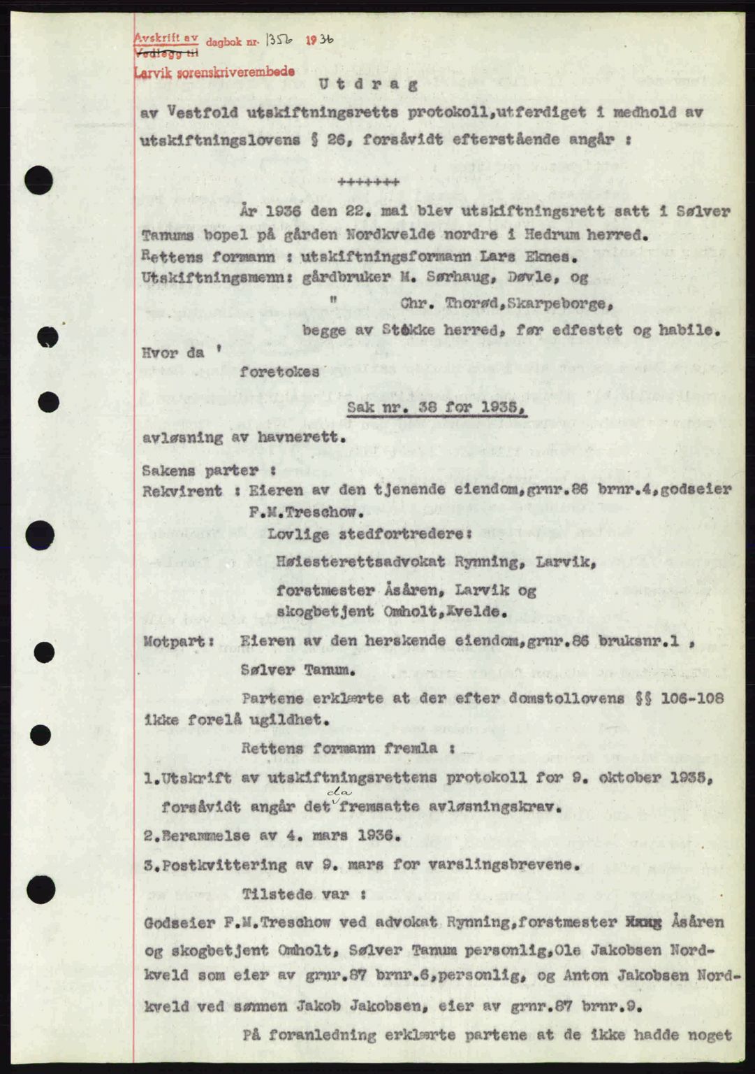 Larvik sorenskriveri, SAKO/A-83/G/Ga/Gab/L0067: Pantebok nr. A-1, 1936-1937, Dagboknr: 1356/1936