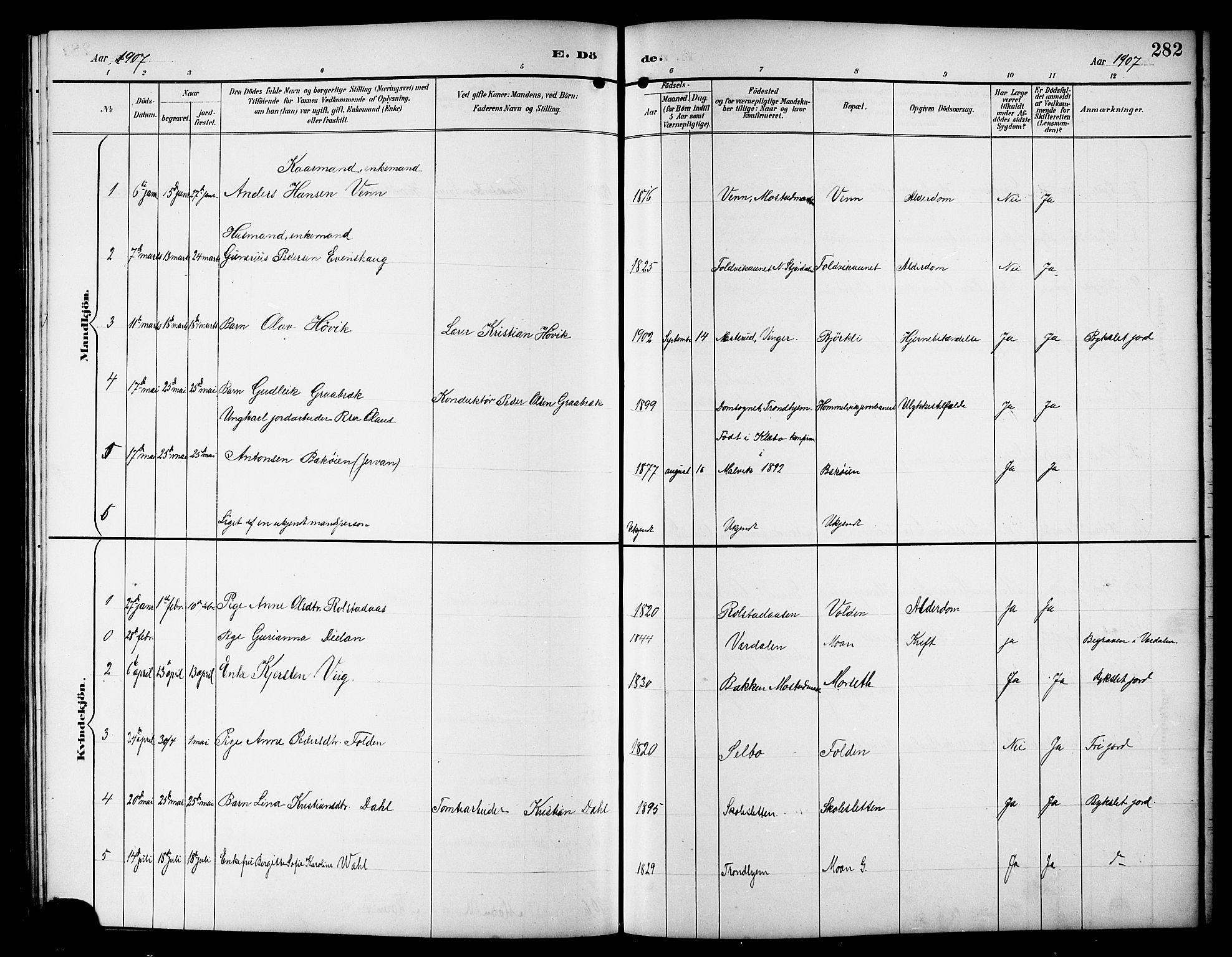 Ministerialprotokoller, klokkerbøker og fødselsregistre - Sør-Trøndelag, SAT/A-1456/617/L0431: Klokkerbok nr. 617C01, 1889-1910, s. 282